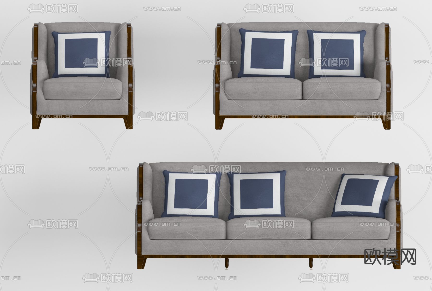 简欧布艺多人沙发免费3d模型下载
