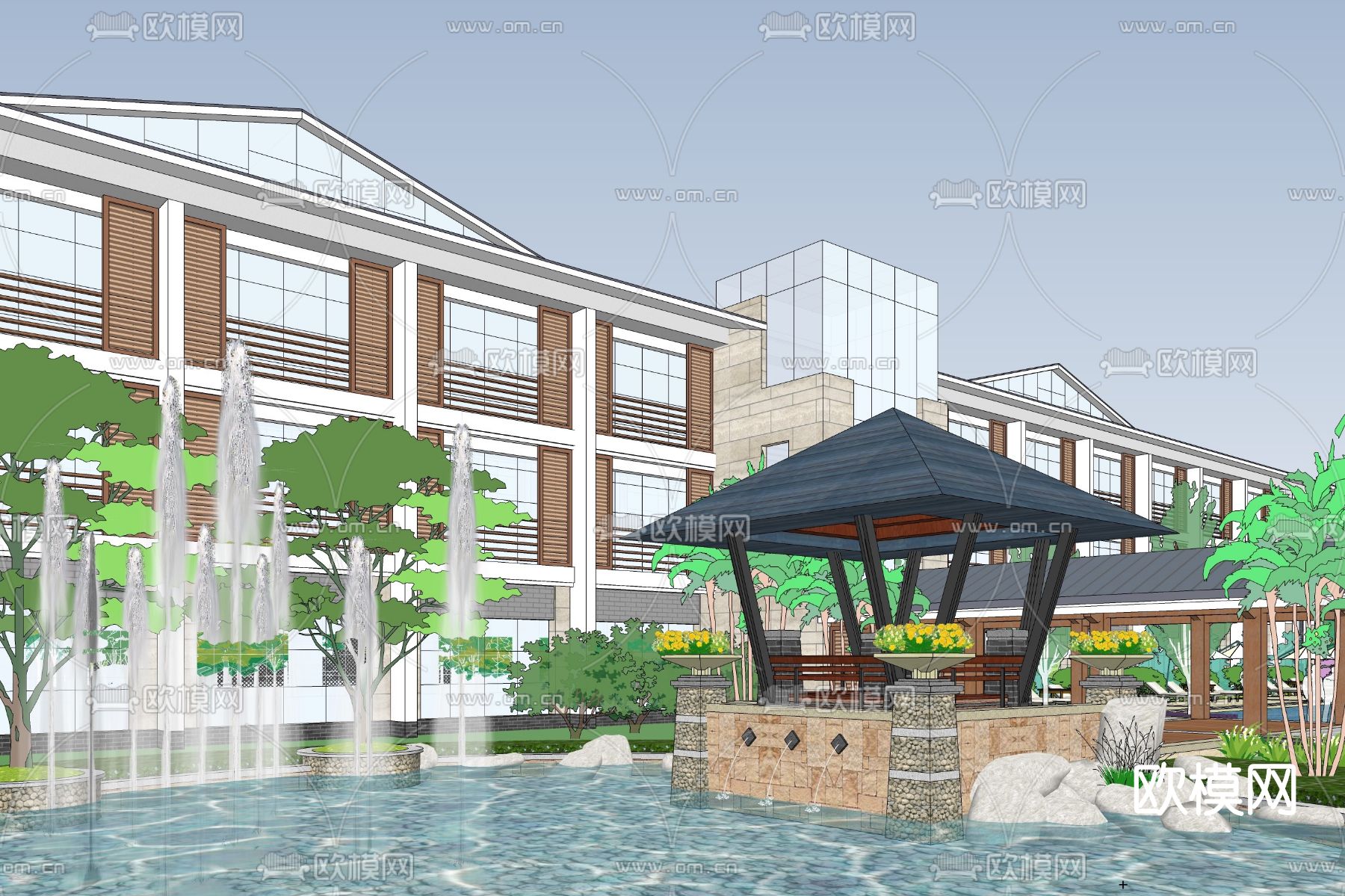 新中式度假酒店鸟瞰su模型下载（渲染图5）