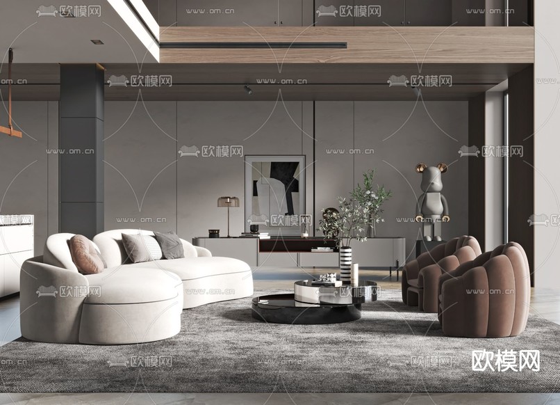 现代布艺弧形沙发组合3d模型下载