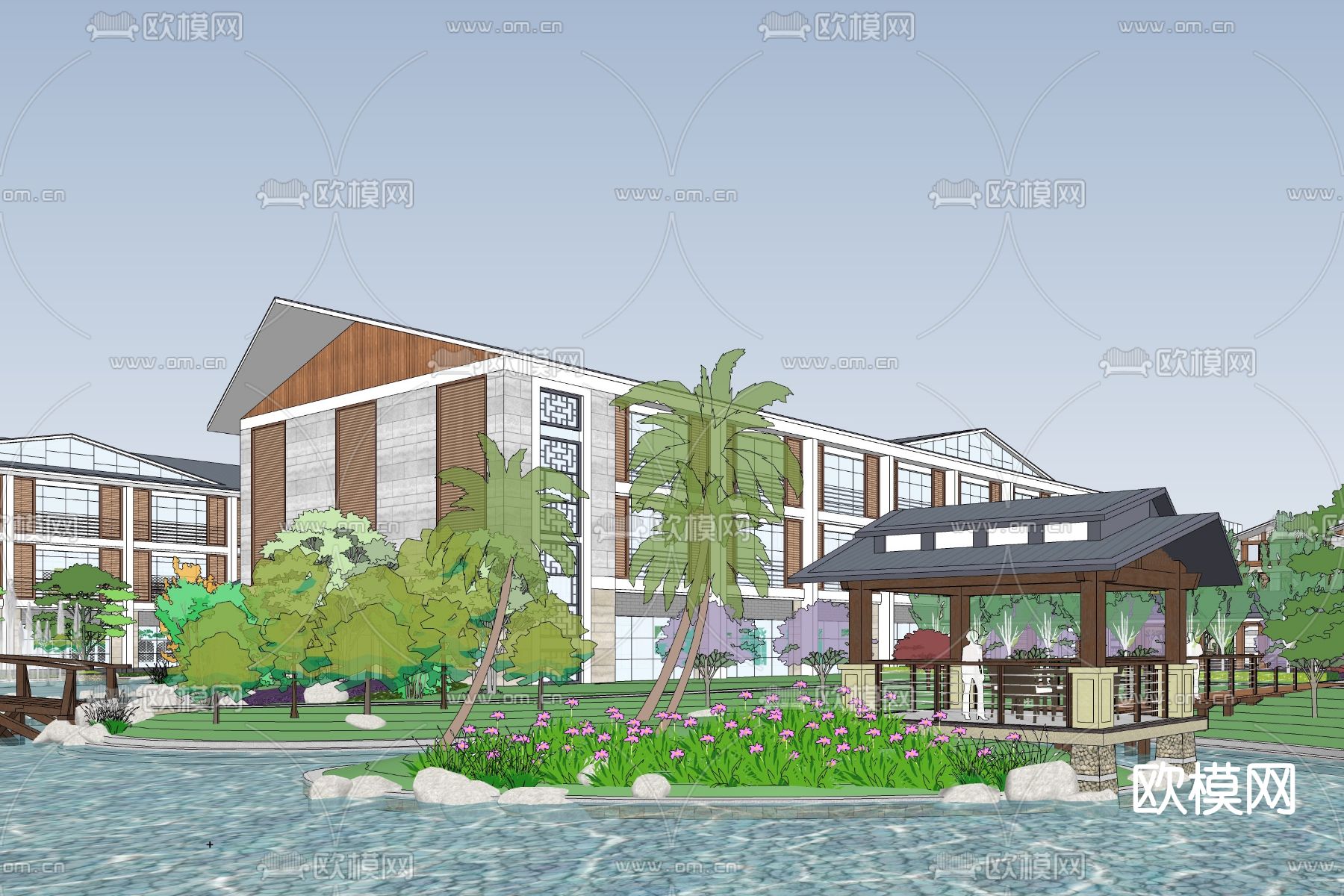 新中式度假酒店鸟瞰su模型下载（渲染图4）