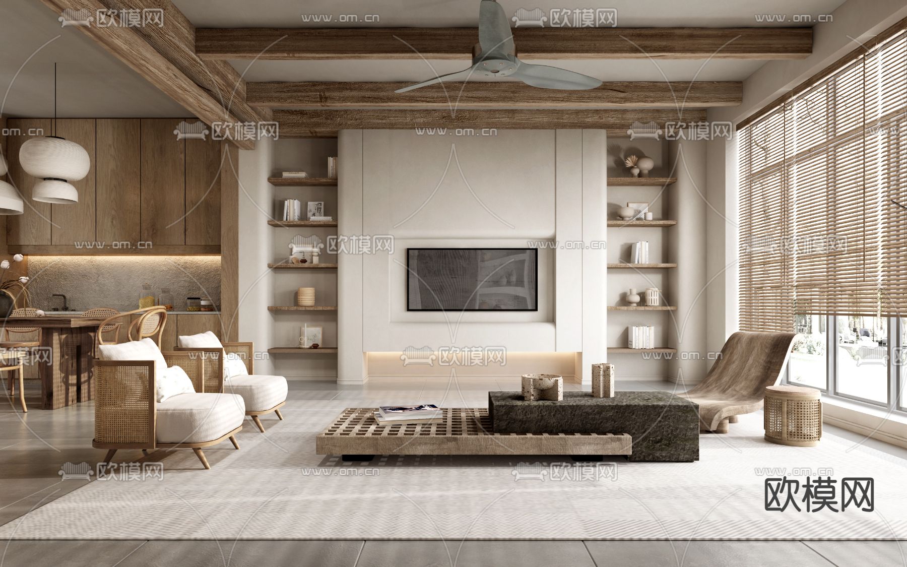 侘寂客厅餐厅3d模型下载（渲染图2）