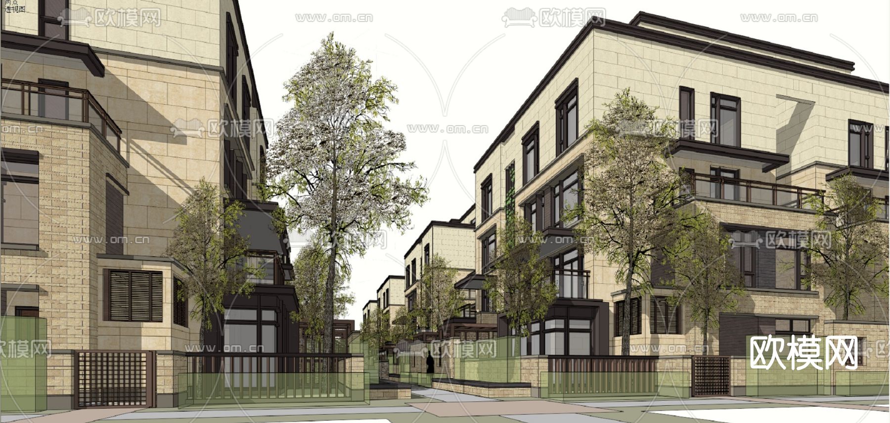 简欧联排别墅外观su模型下载（渲染图1）