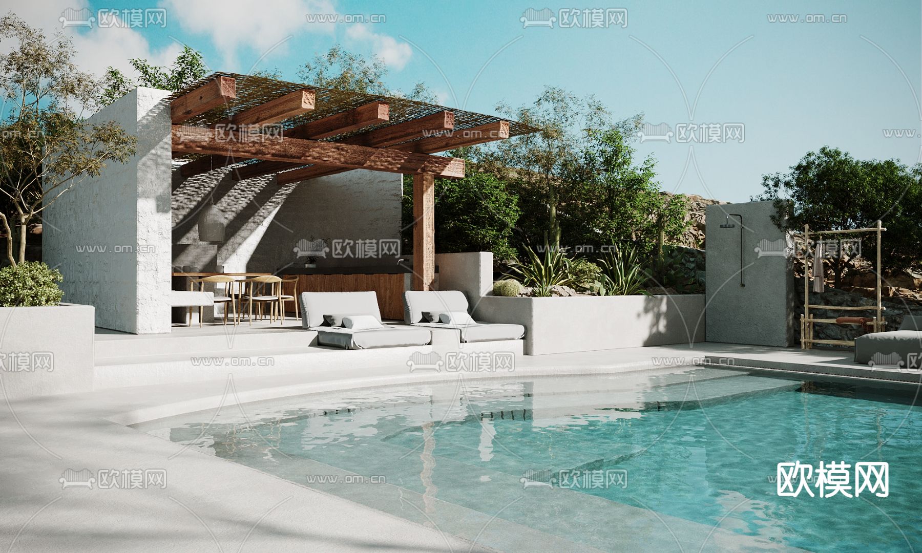 现代露天庭院泳池3d模型下载（渲染图2）
