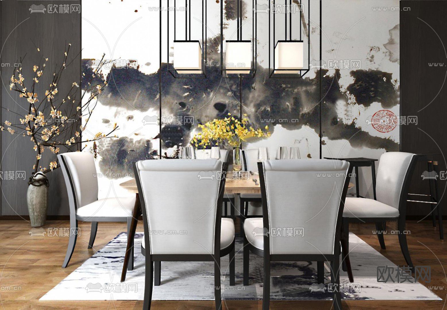 新中式轻奢餐桌椅su模型下载（渲染图1）