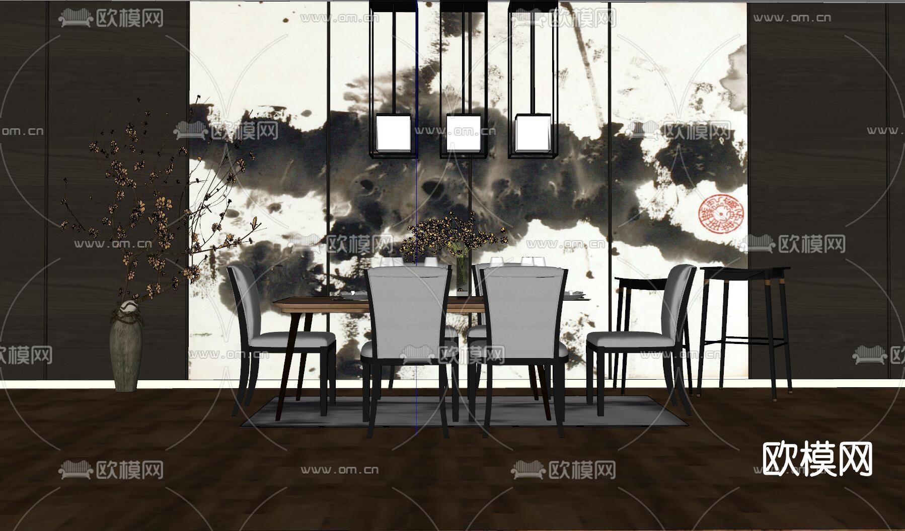 新中式轻奢餐桌椅su模型下载（渲染图2）