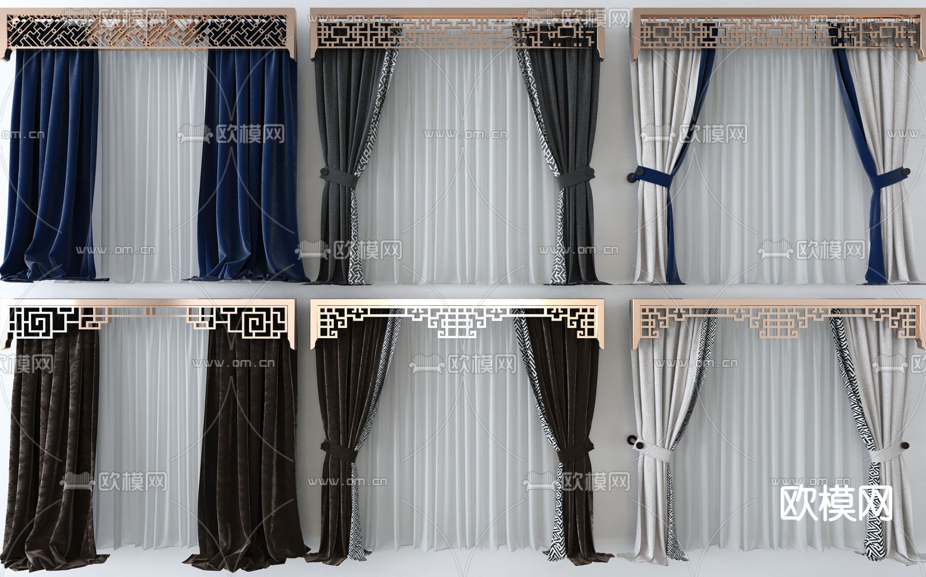 新中式布艺窗帘3d模型下载