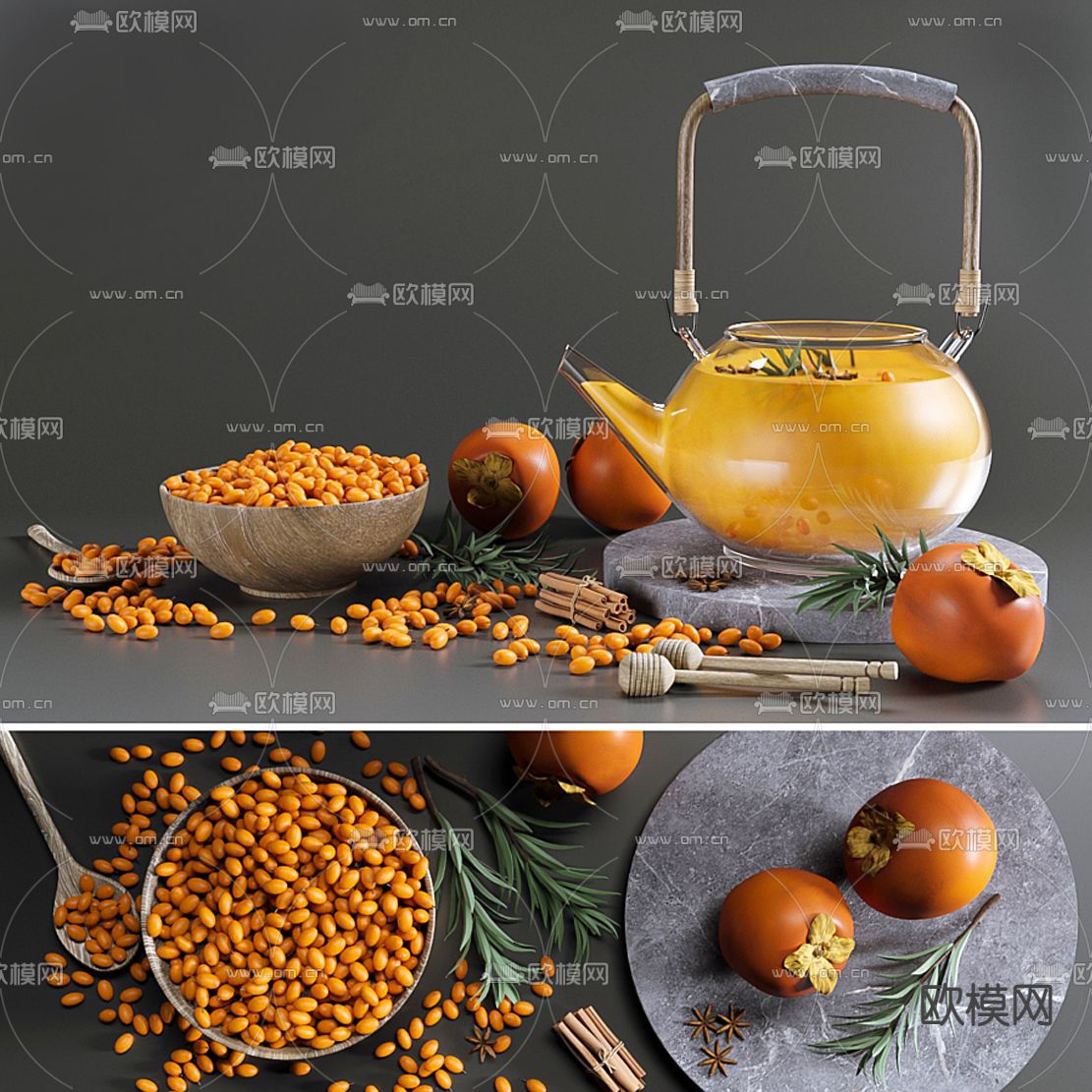 现代柿子茶壶组合3d模型下载（渲染图2）
