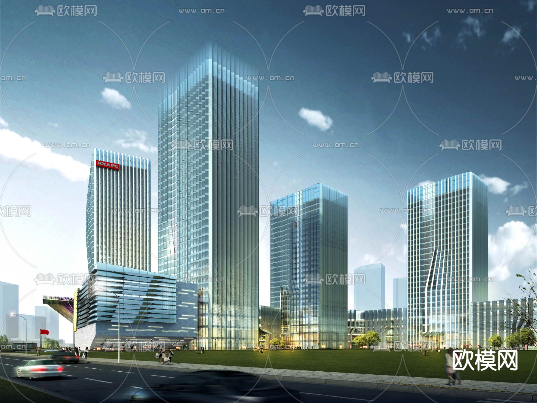 现代办公楼夜景建筑外观3d模型