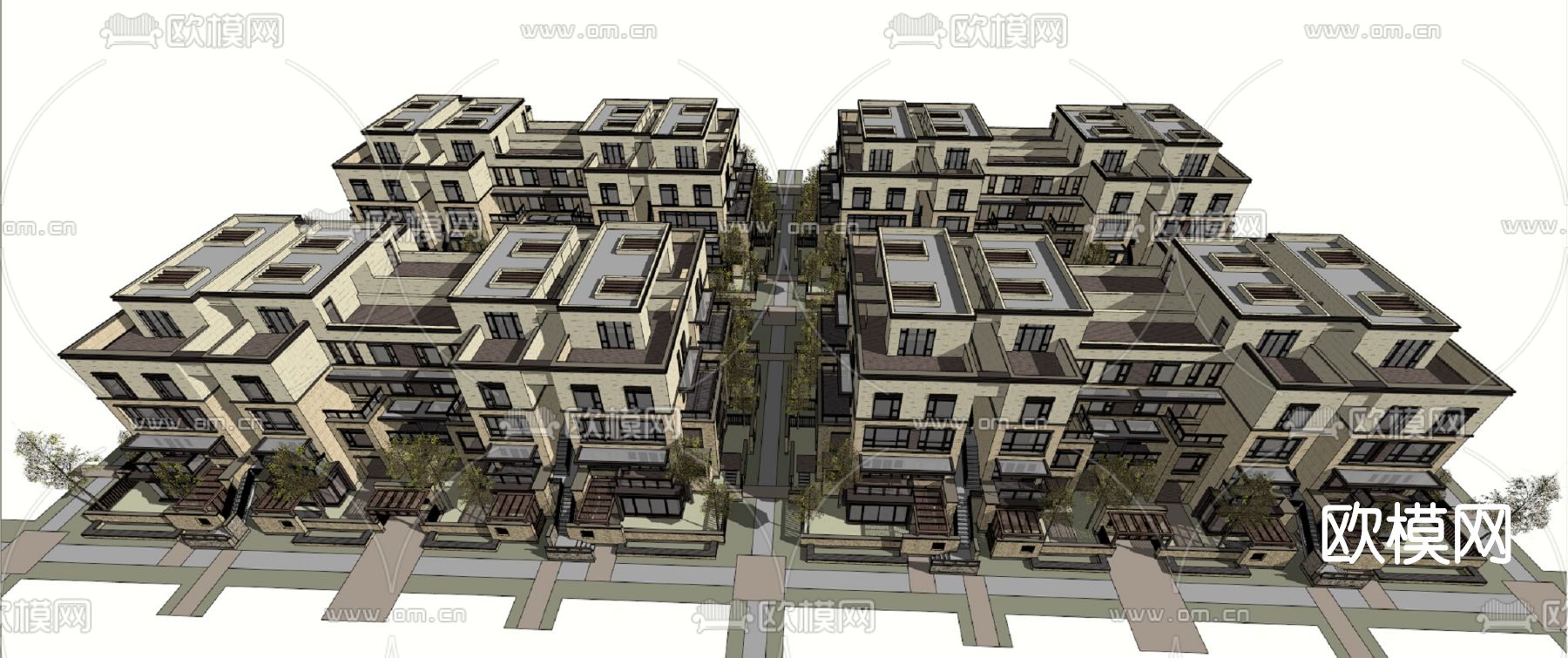 简欧联排别墅外观su模型下载（渲染图2）