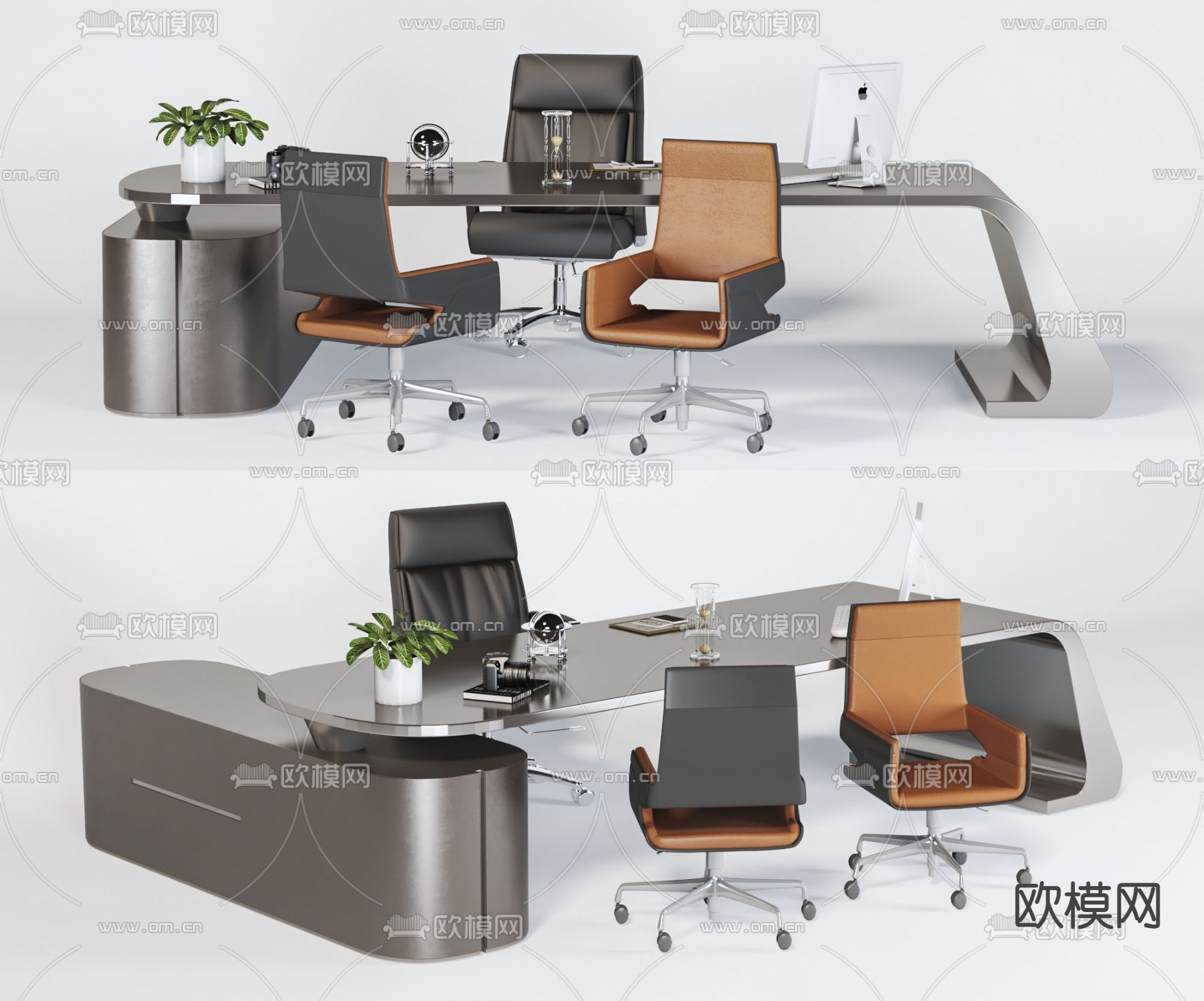 现代班台办公桌椅3d模型下载
