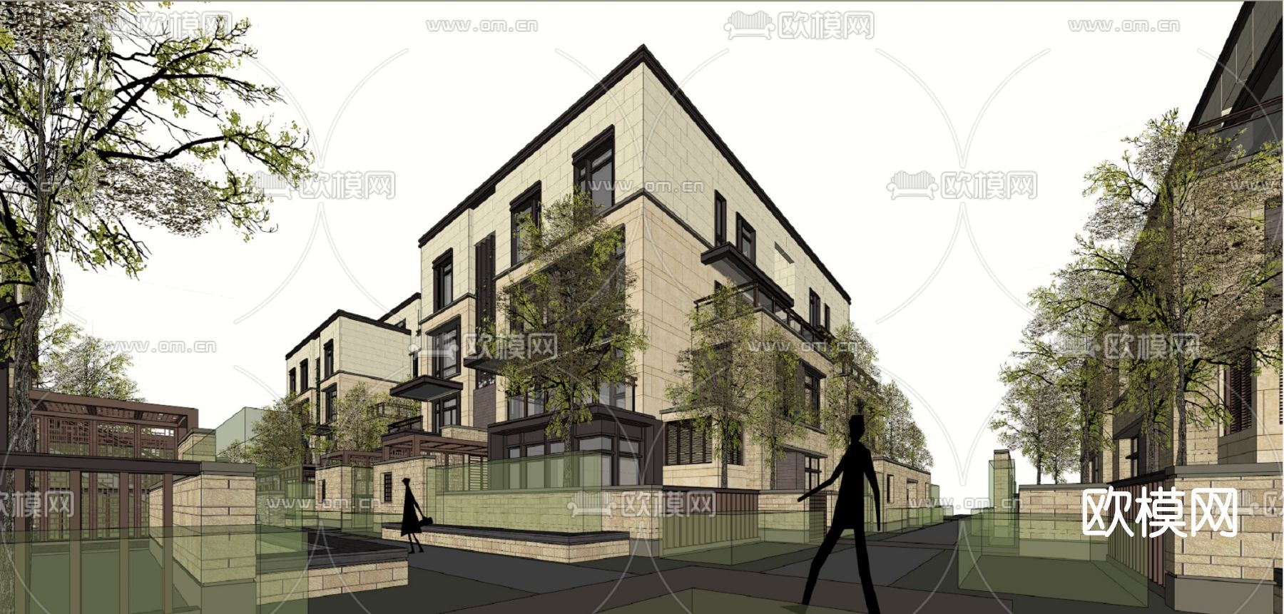 简欧联排别墅外观su模型下载（渲染图4）
