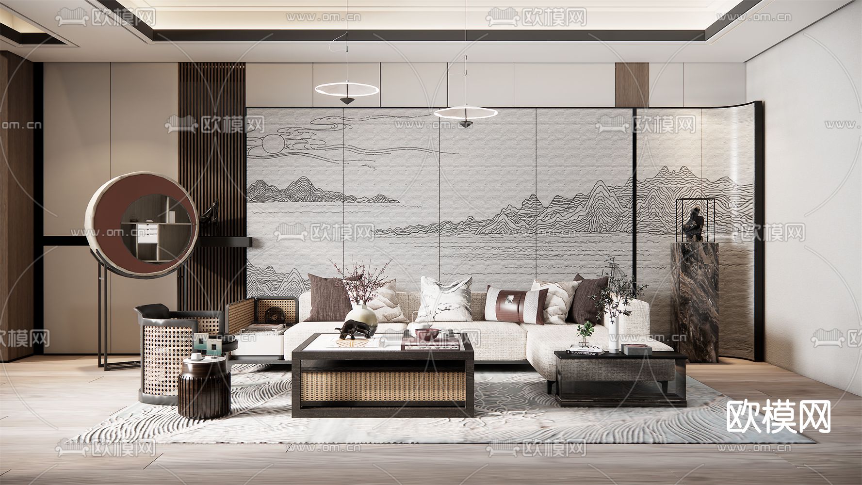 新中式实木沙发组合su模型下载（渲染图1）