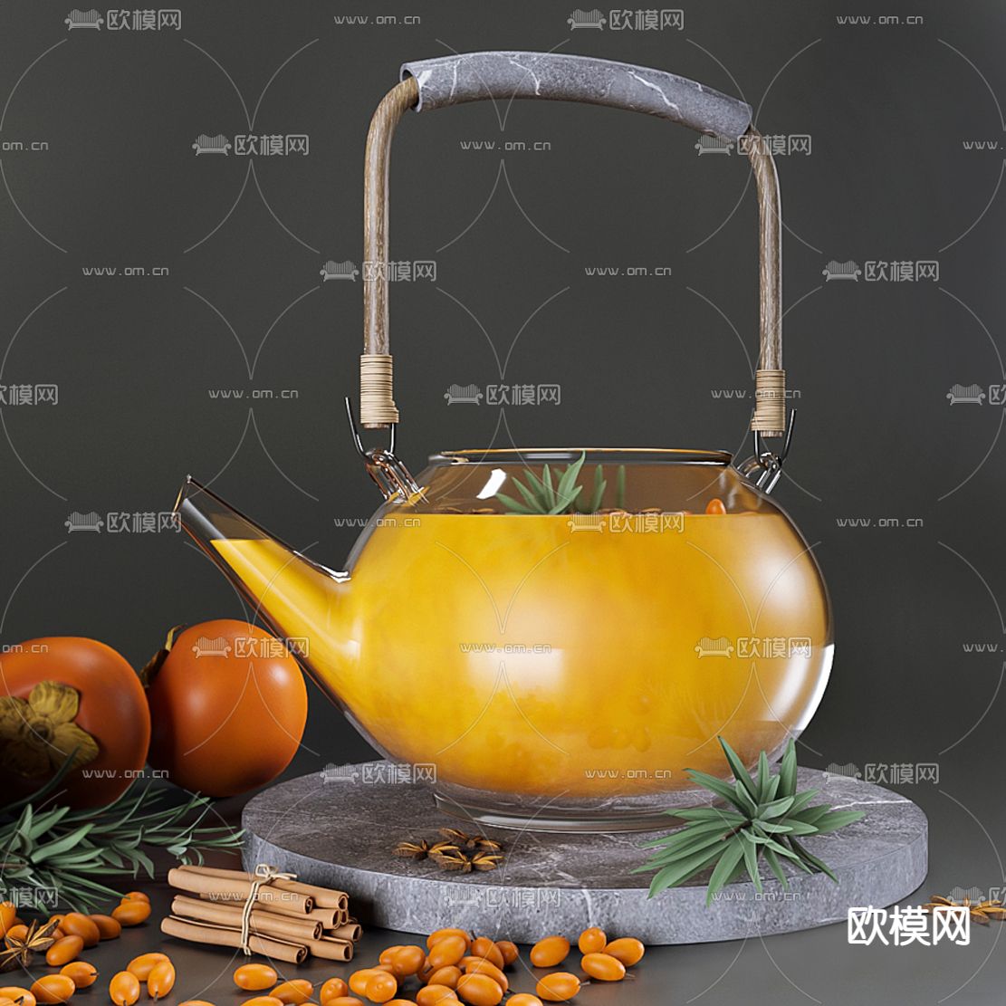 现代柿子茶壶组合3d模型下载（渲染图1）