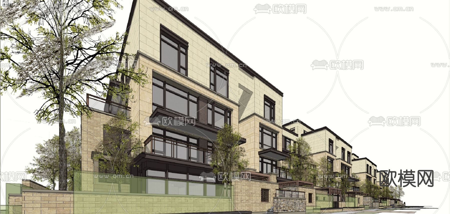 简欧联排别墅外观su模型下载（渲染图3）