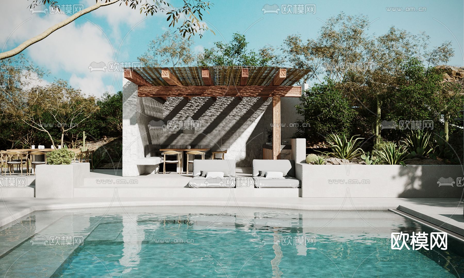 现代露天庭院泳池3d模型下载（渲染图3）