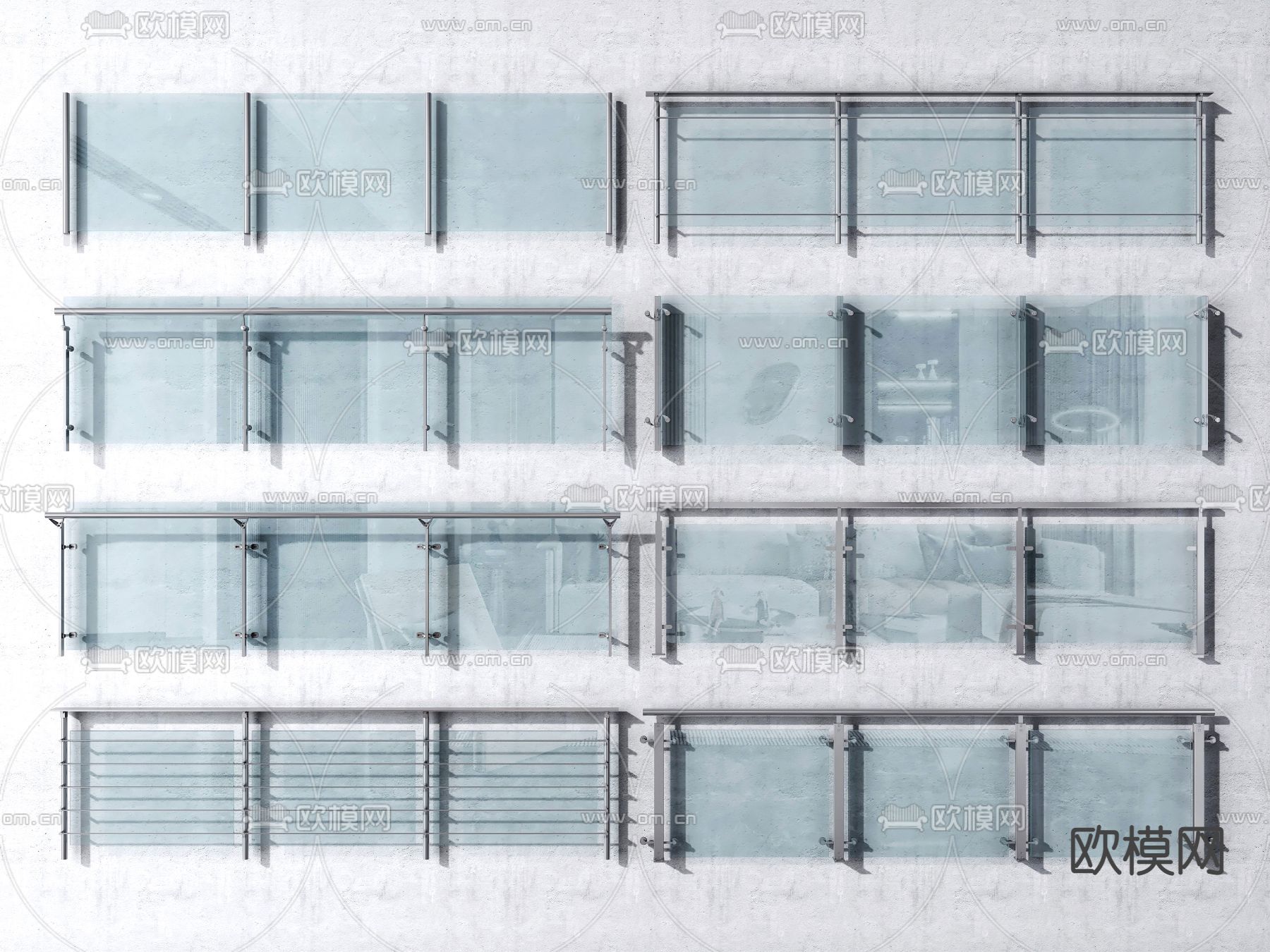 现代不锈钢玻璃护栏3d模型下载