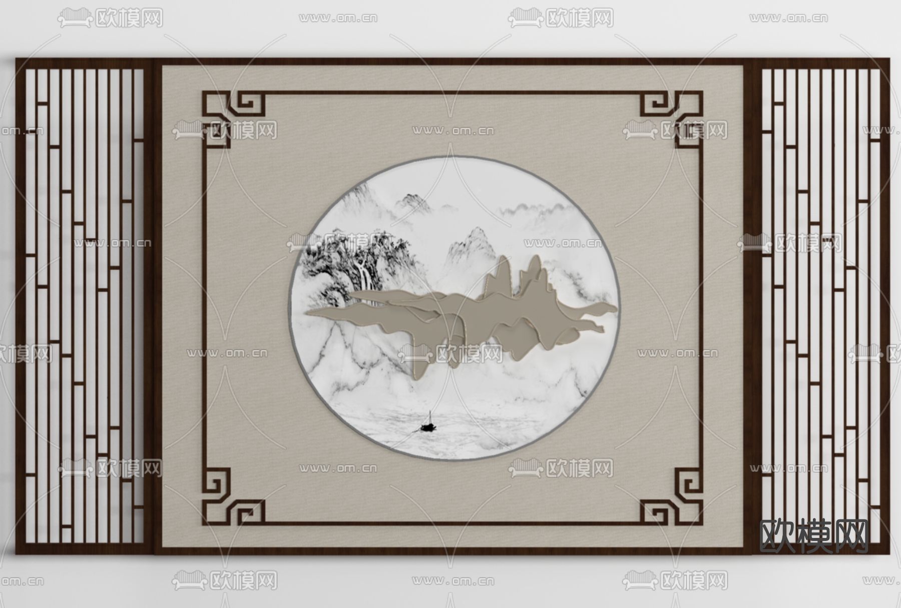 新中式背景墙免费3d模型下载