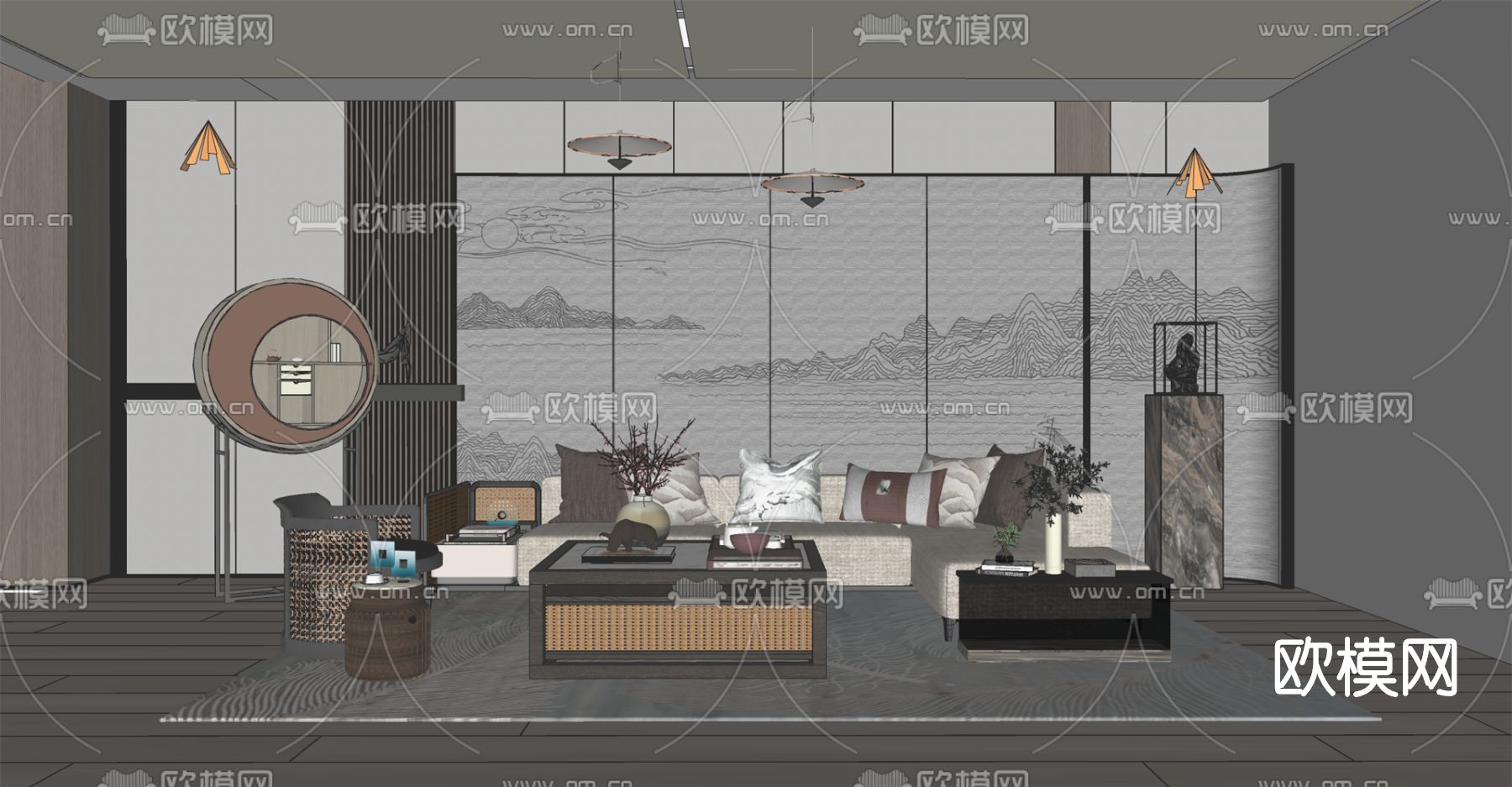 新中式实木沙发组合su模型下载（渲染图2）