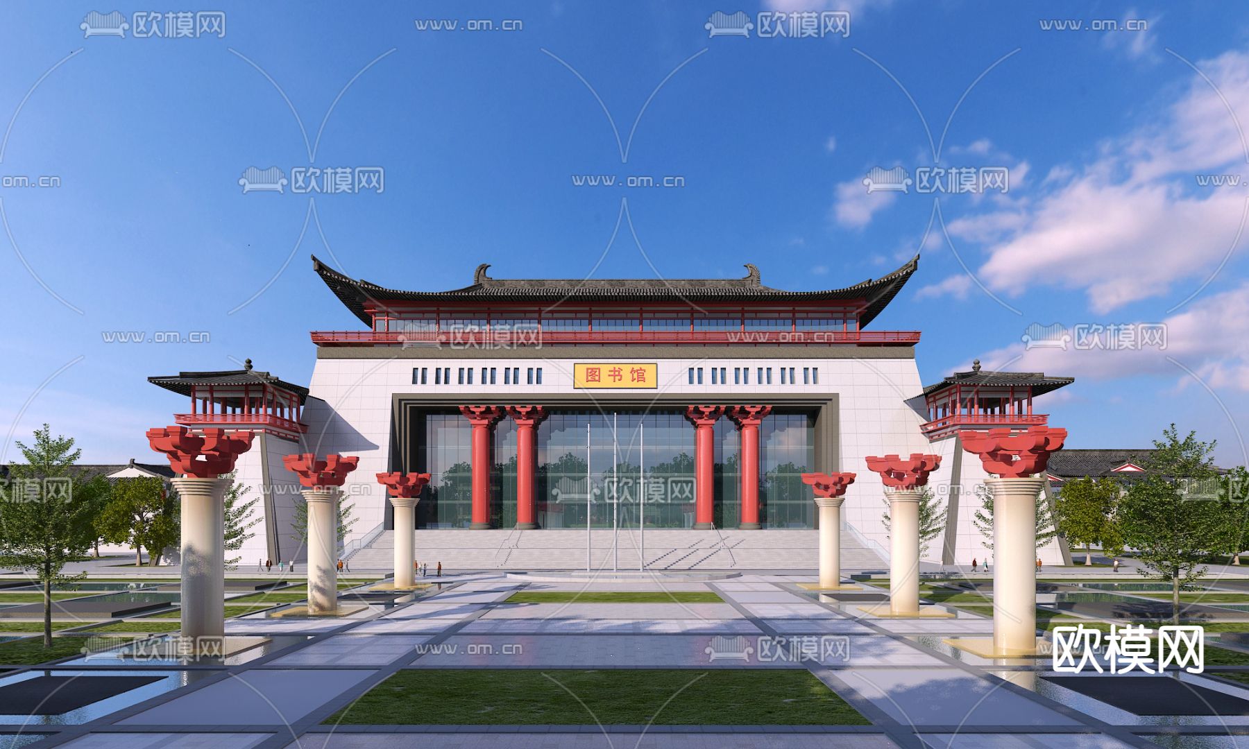 新中式图书馆建筑外观3d模型下载