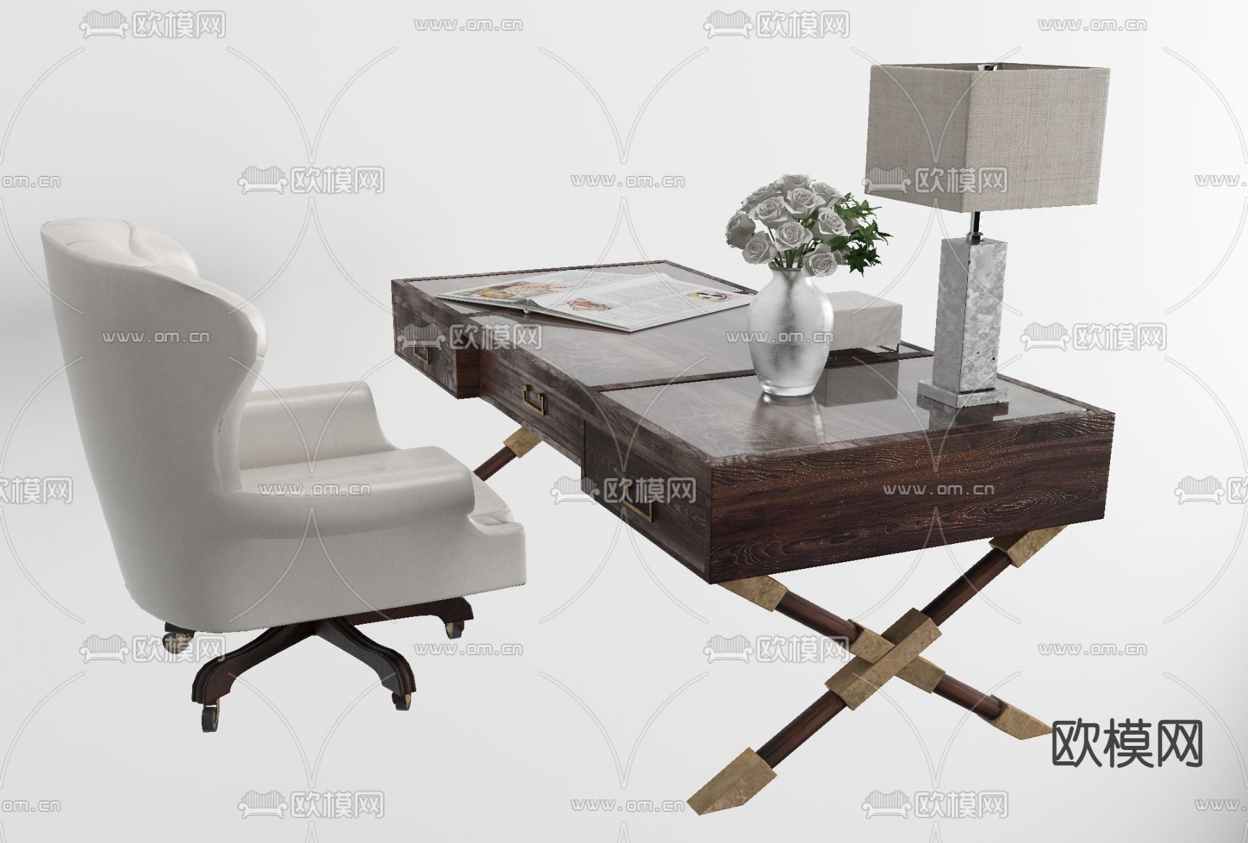 新中式书桌椅免费3d模型下载