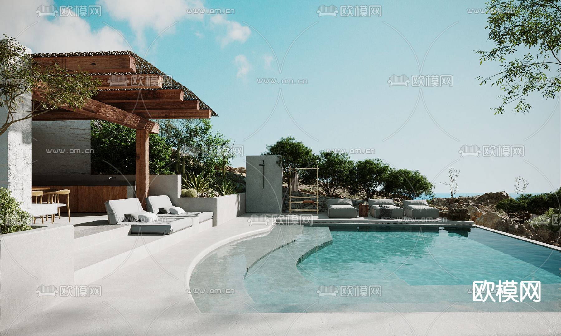 现代露天庭院泳池3d模型下载（渲染图1）