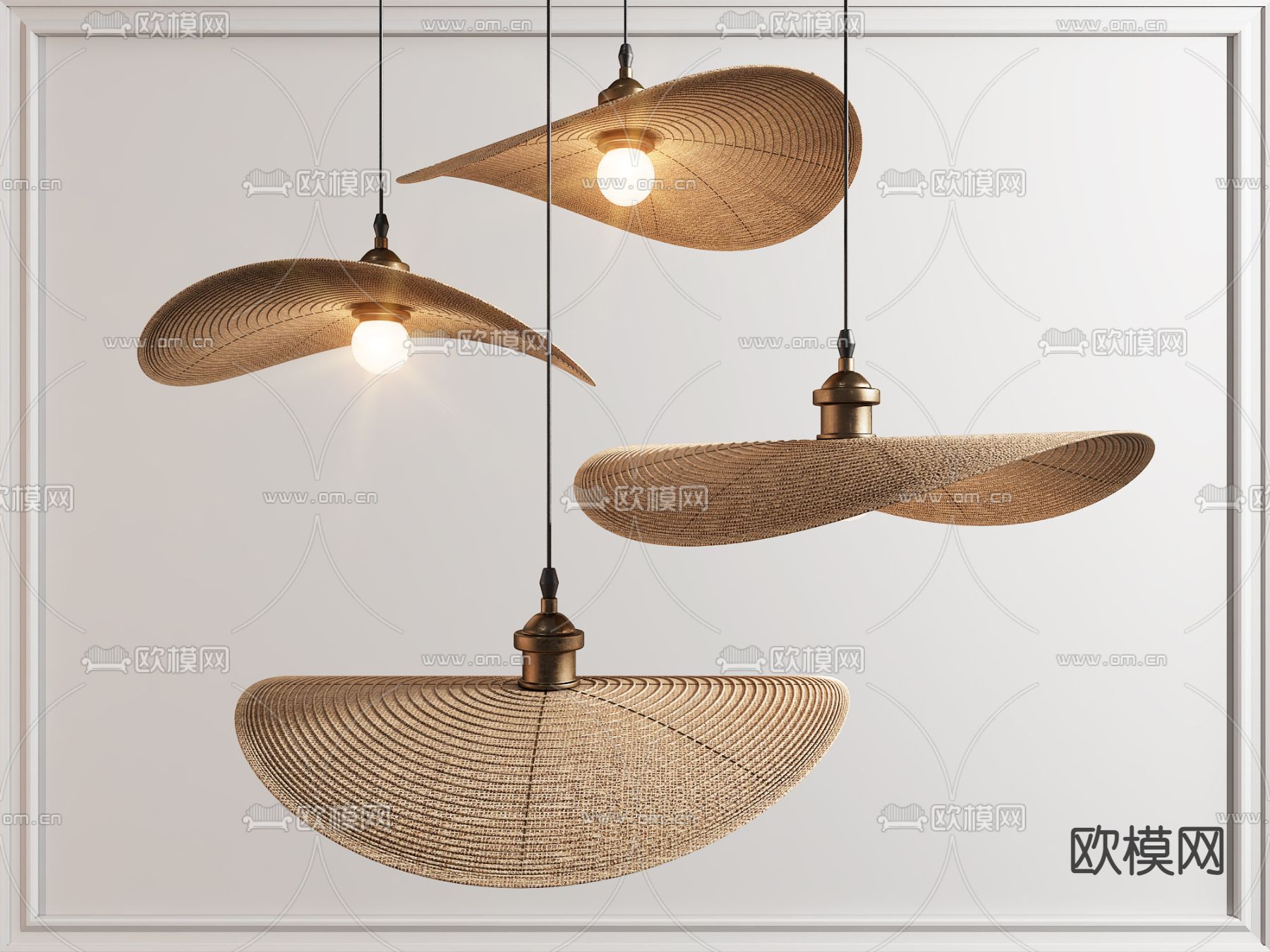 自然风草帽藤编吊灯3d模型下载
