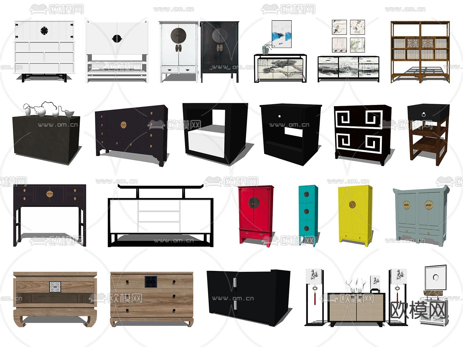 新中式实木边柜su模型下载