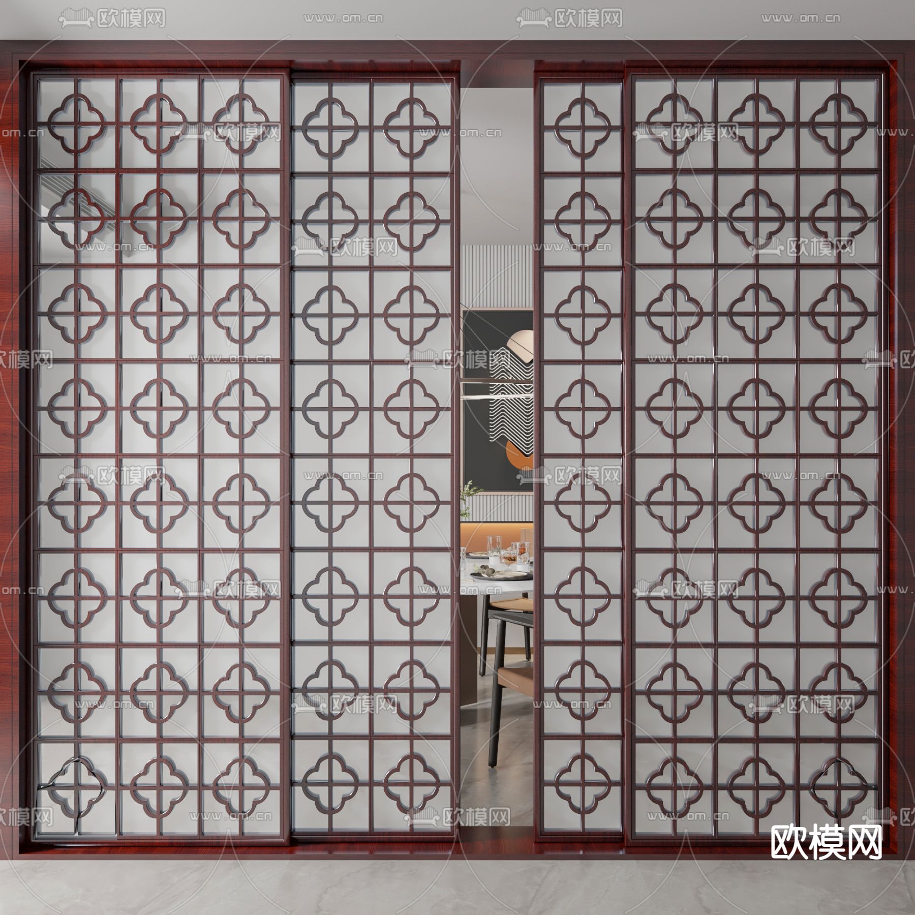 新中式红木推拉门3d模型下载