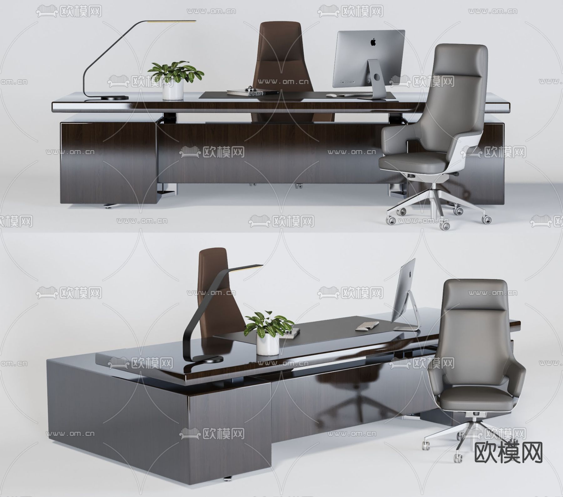 现代大班台办公桌椅3d模型下载