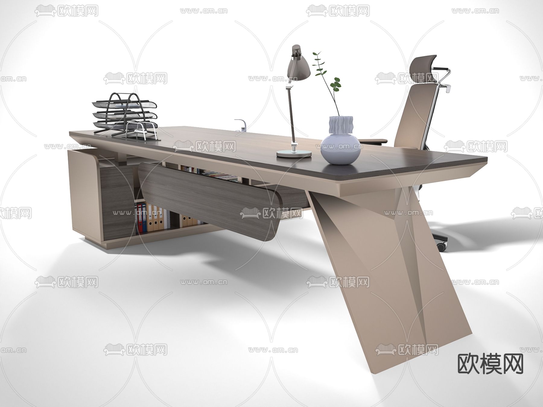 现代办公班台桌椅3d模型下载（渲染图3）