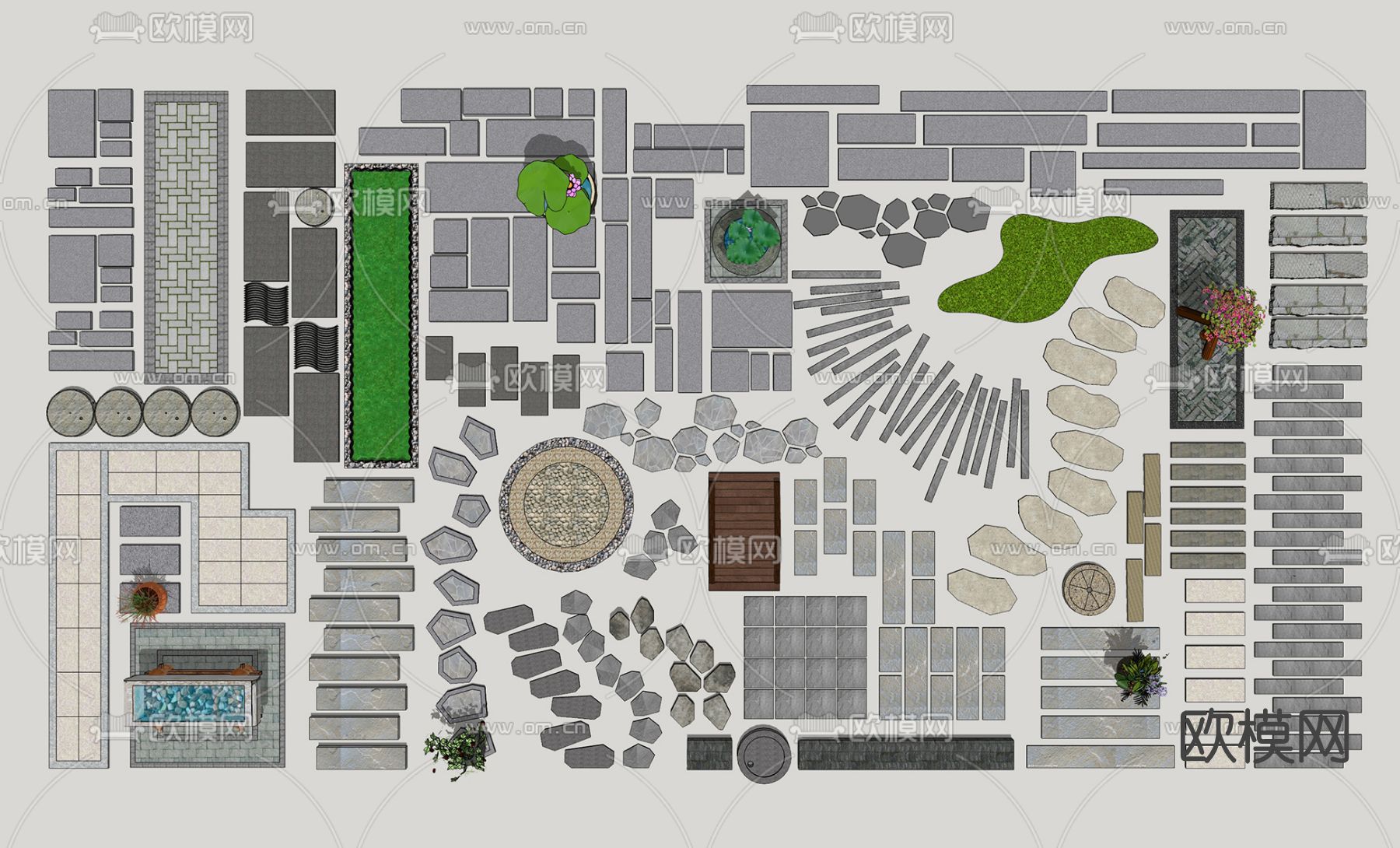 新中式汀步园路栈道su模型