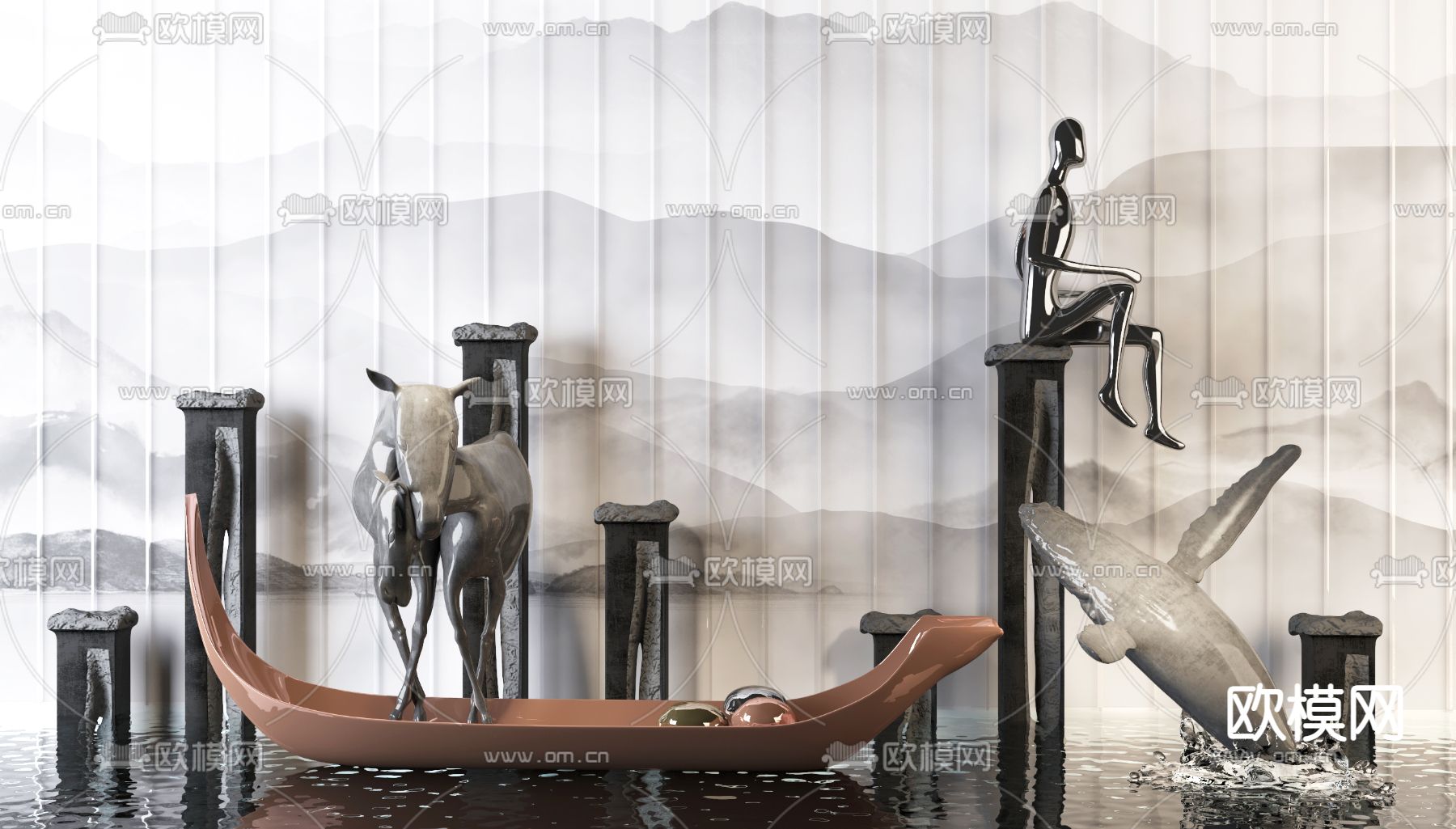 新中式水景船雕塑3d模型下载