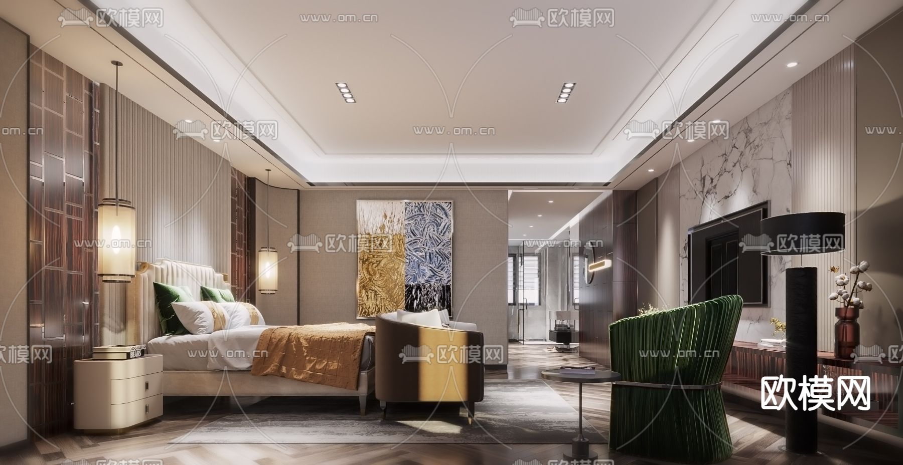 现代轻奢酒店客房3d模型下载（渲染图1）