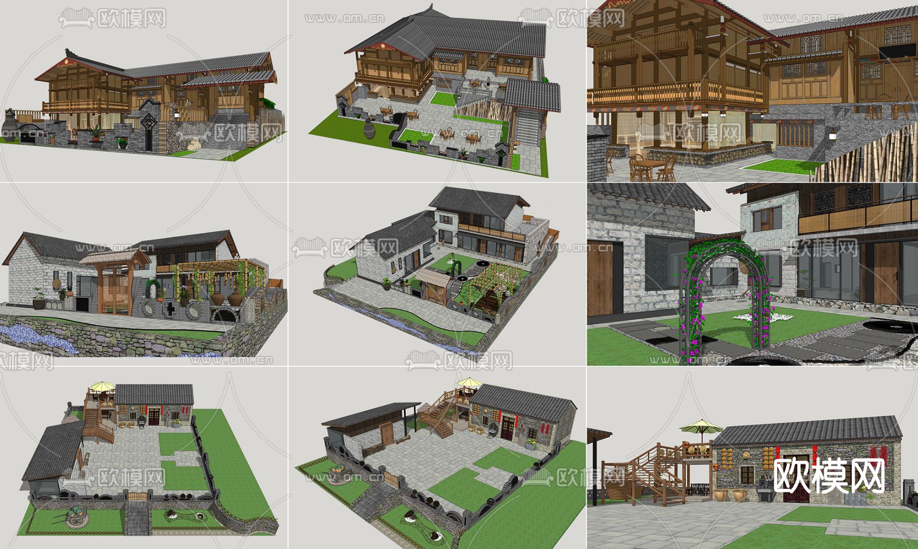 新中式乡村民宿外观su模型下载
