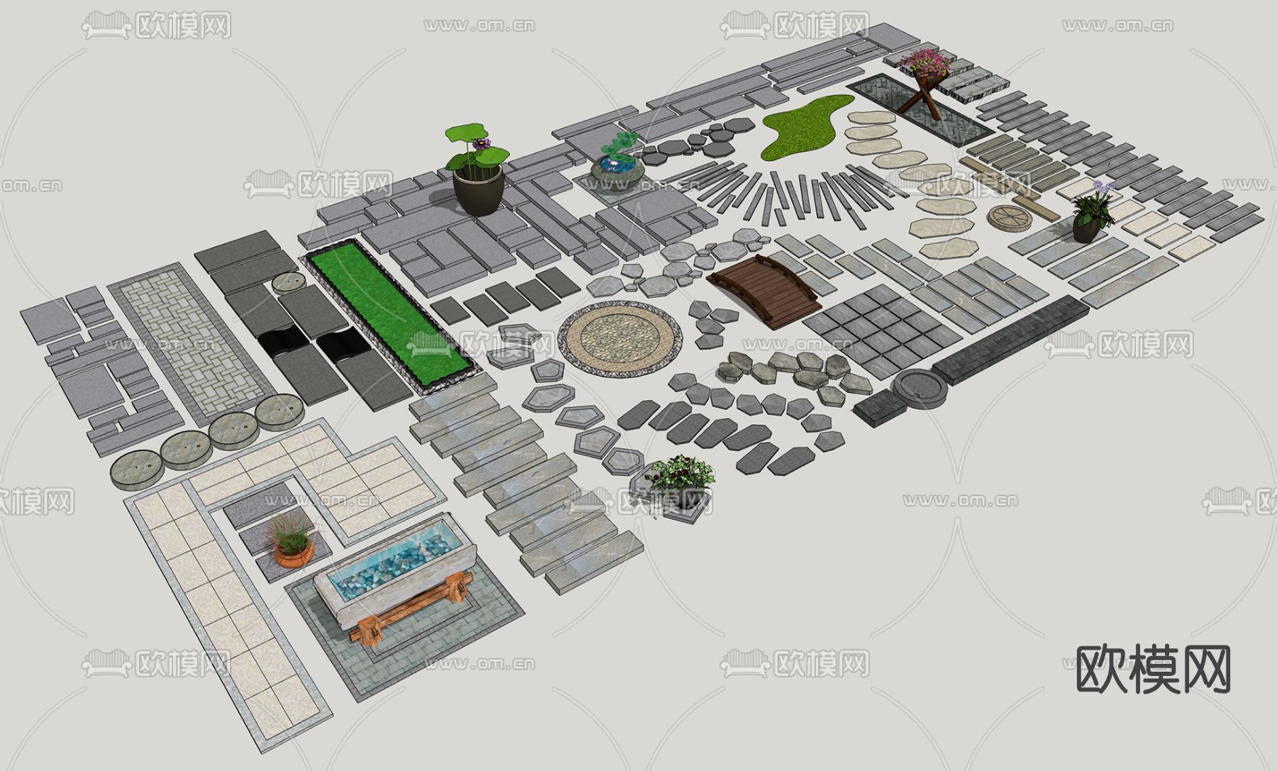 新中式汀步园路栈道su模型