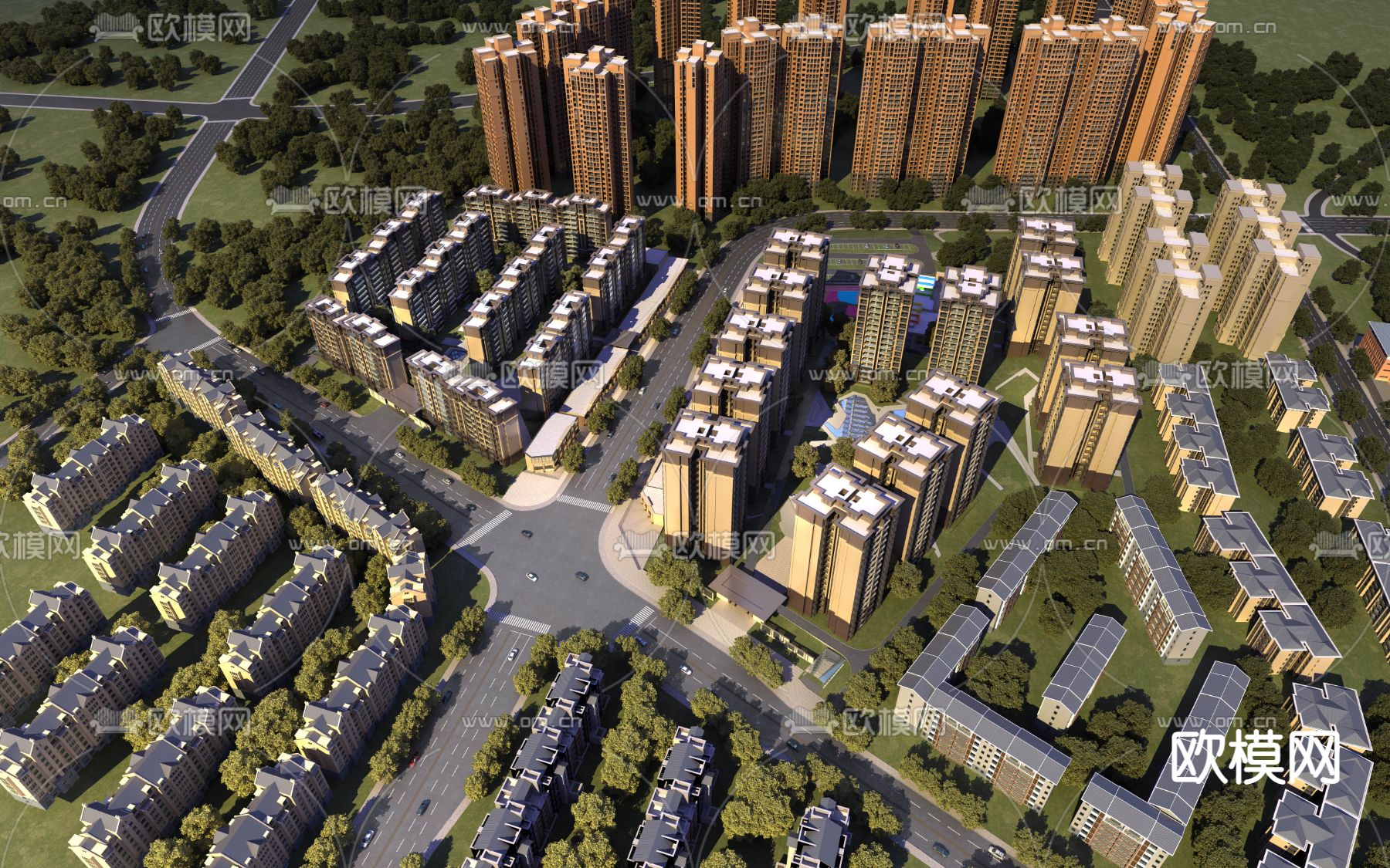 简欧住宅小区鸟瞰3d模型