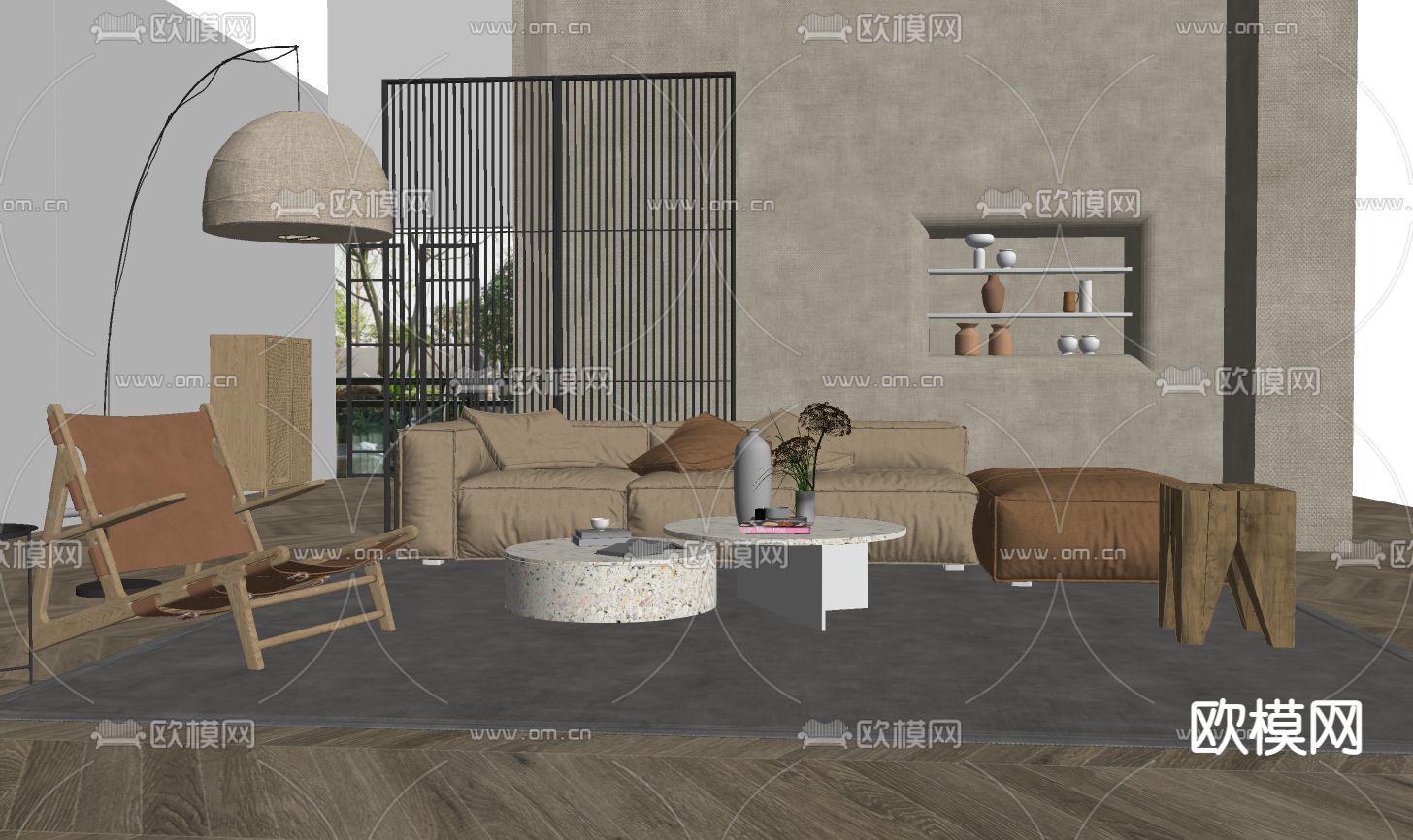 侘寂布艺多人沙发su模型下载