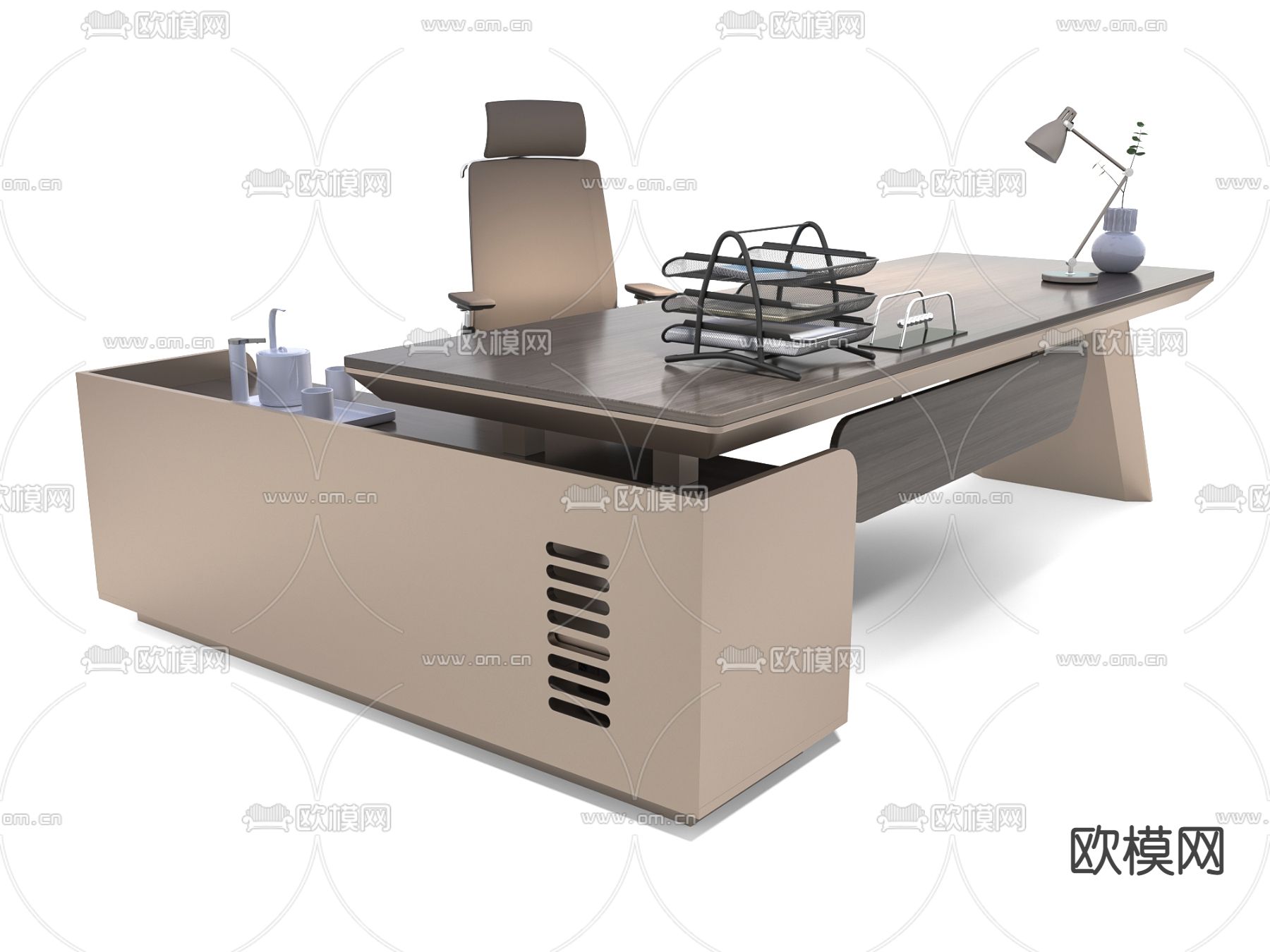 现代办公班台桌椅3d模型下载（渲染图4）