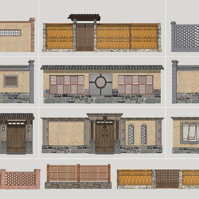  新中式乡村院门围墙su模型 