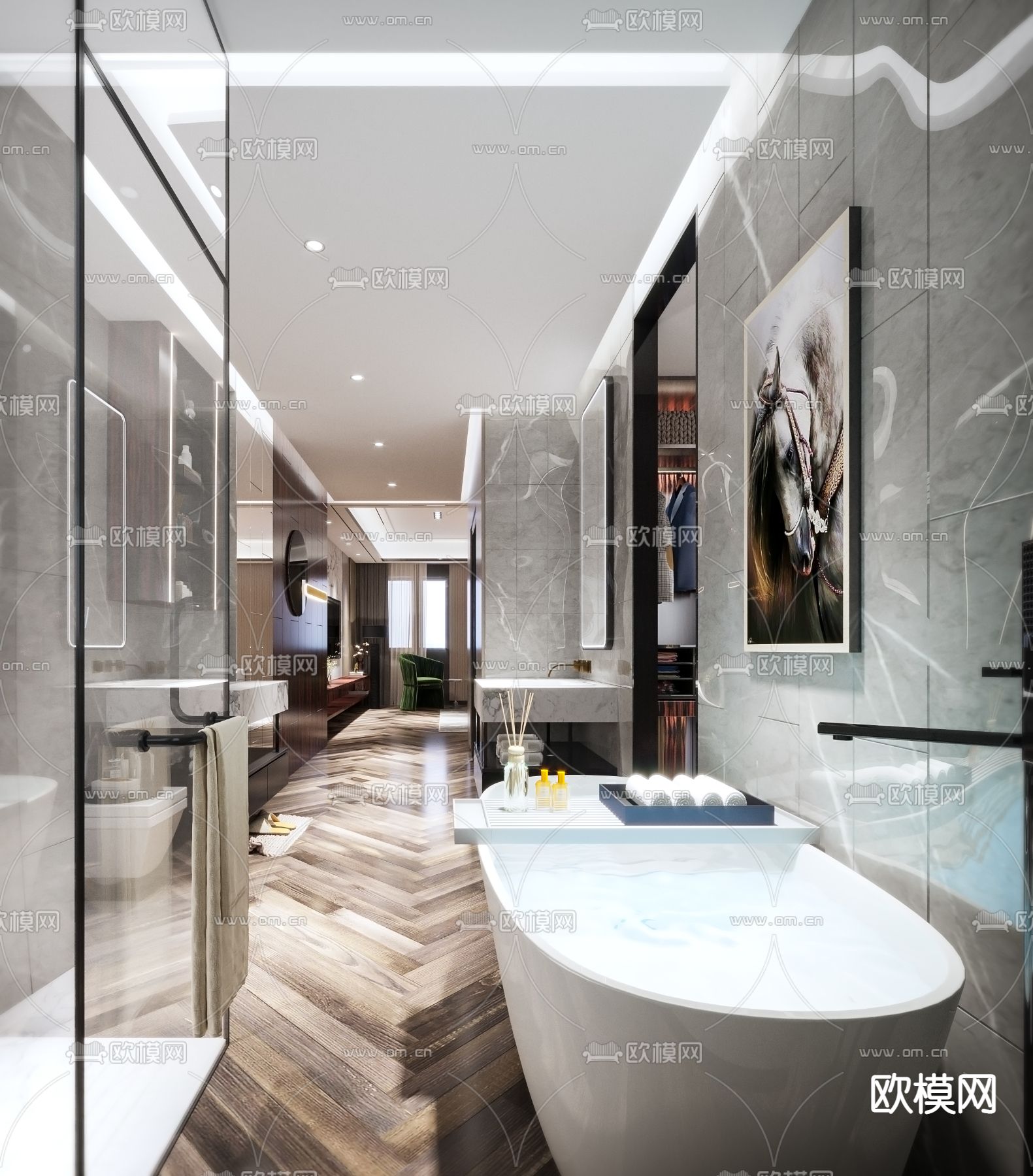 现代轻奢酒店客房3d模型下载（渲染图2）