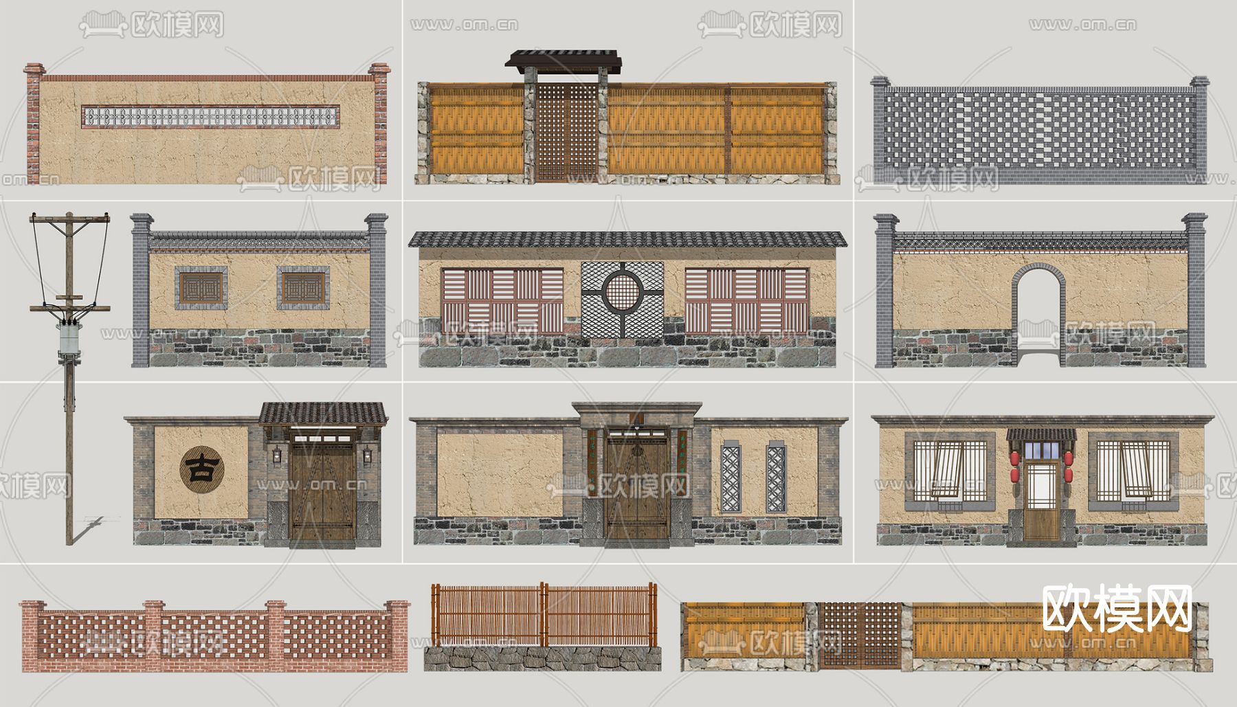 新中式乡村院门围墙su模型
