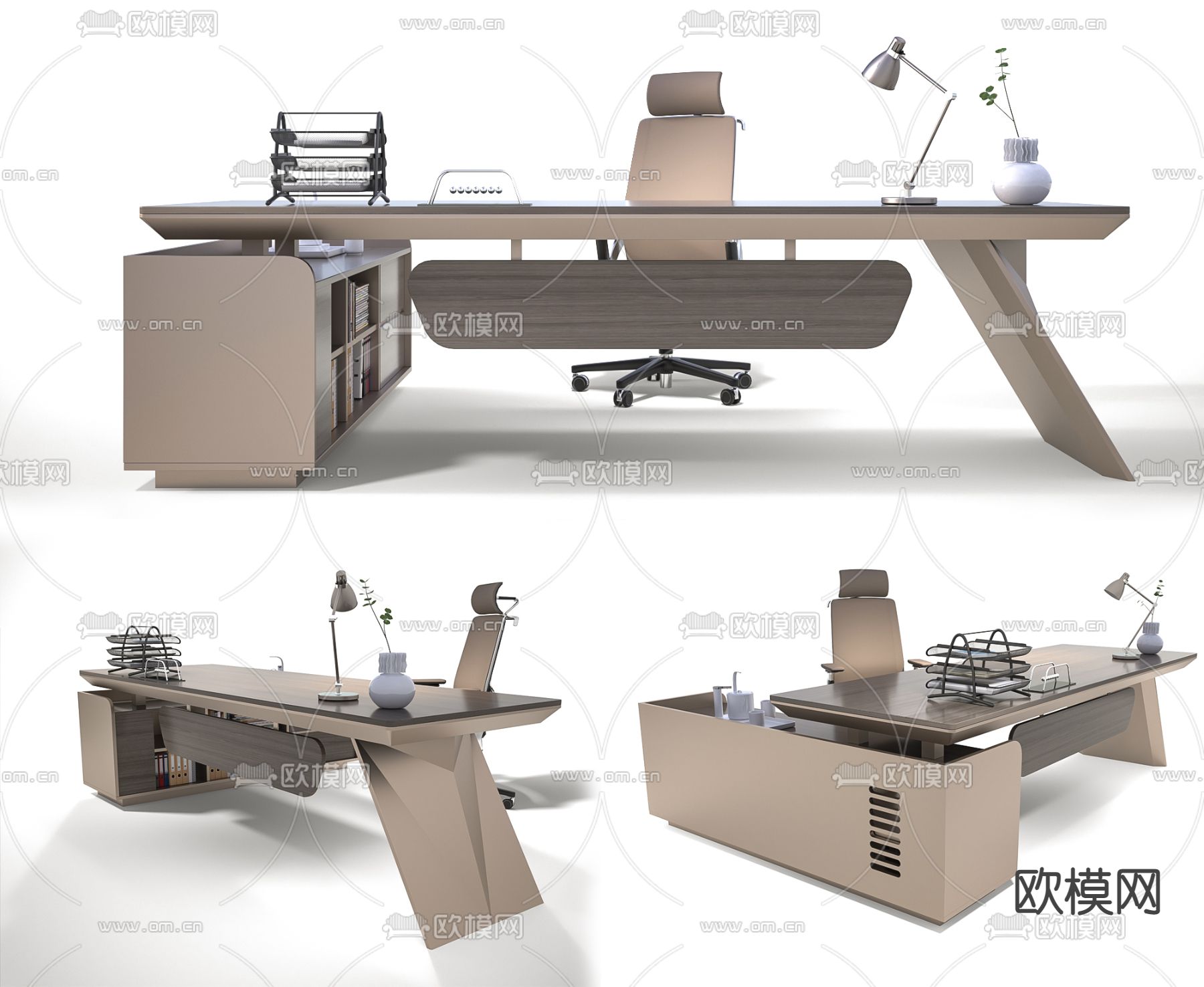 现代办公班台桌椅3d模型下载（渲染图1）
