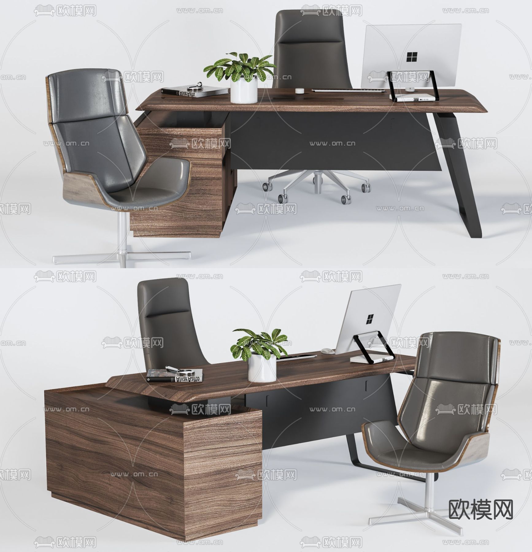 现代实木班台办公桌椅3d模型下载