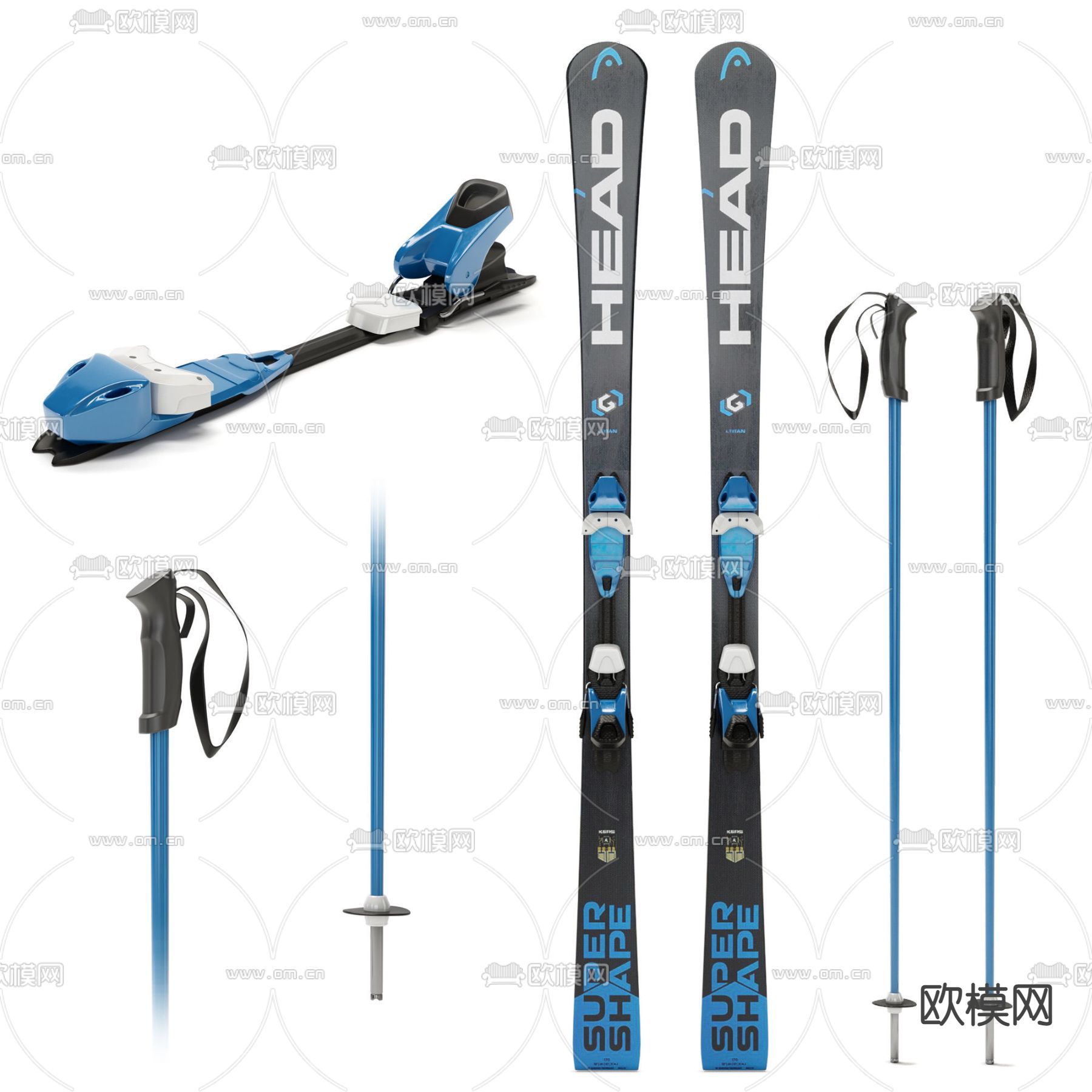 现代滑雪板滑雪杖3d模型下载