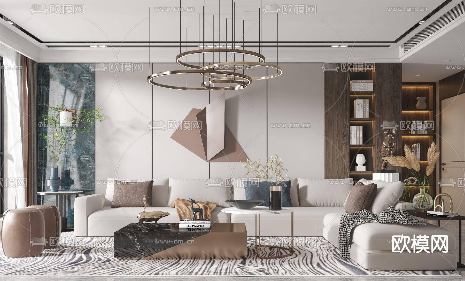 现代布艺转角沙发组合3d模型下载（渲染图1）