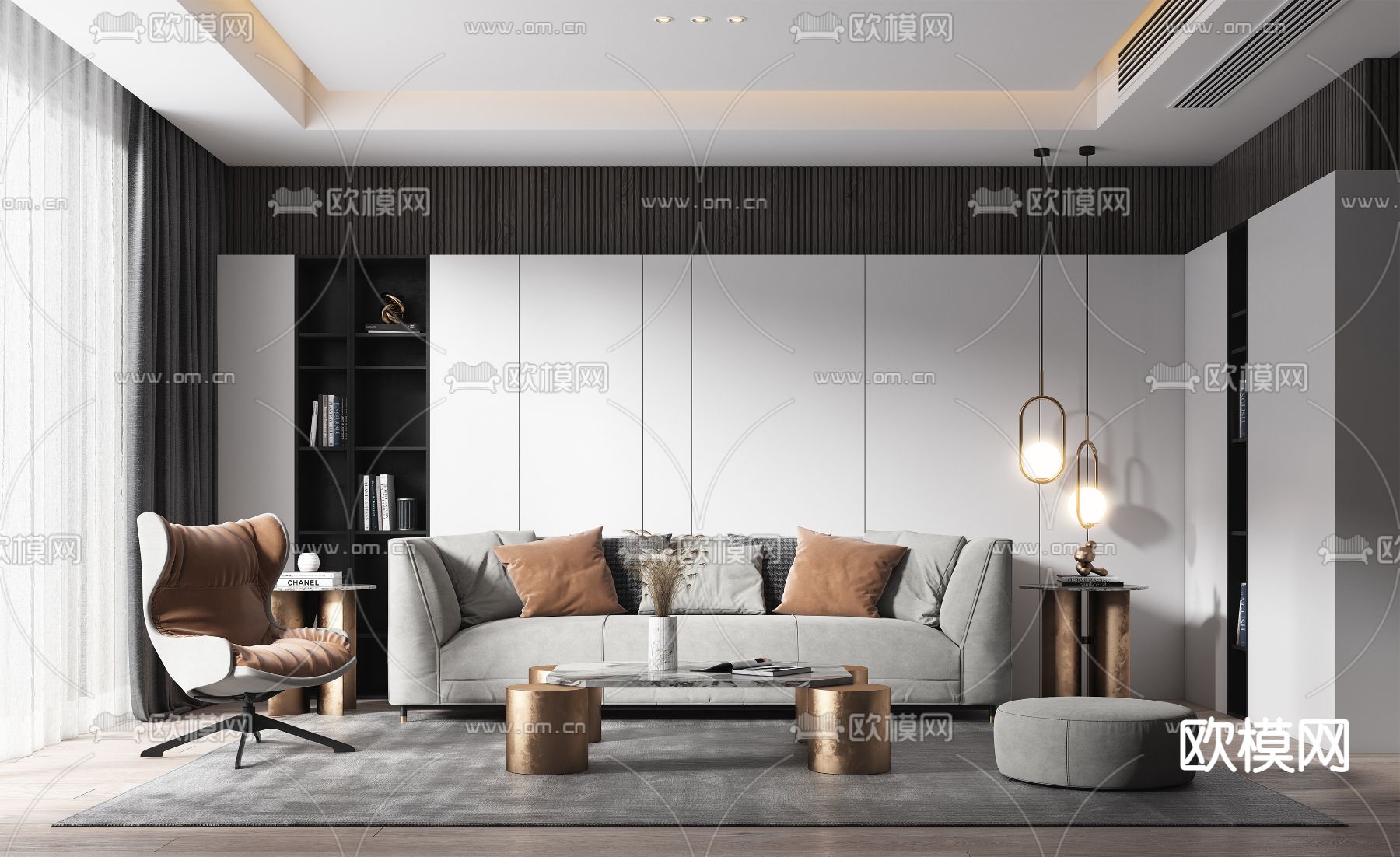 现代布艺沙发组合3d模型下载（渲染图1）