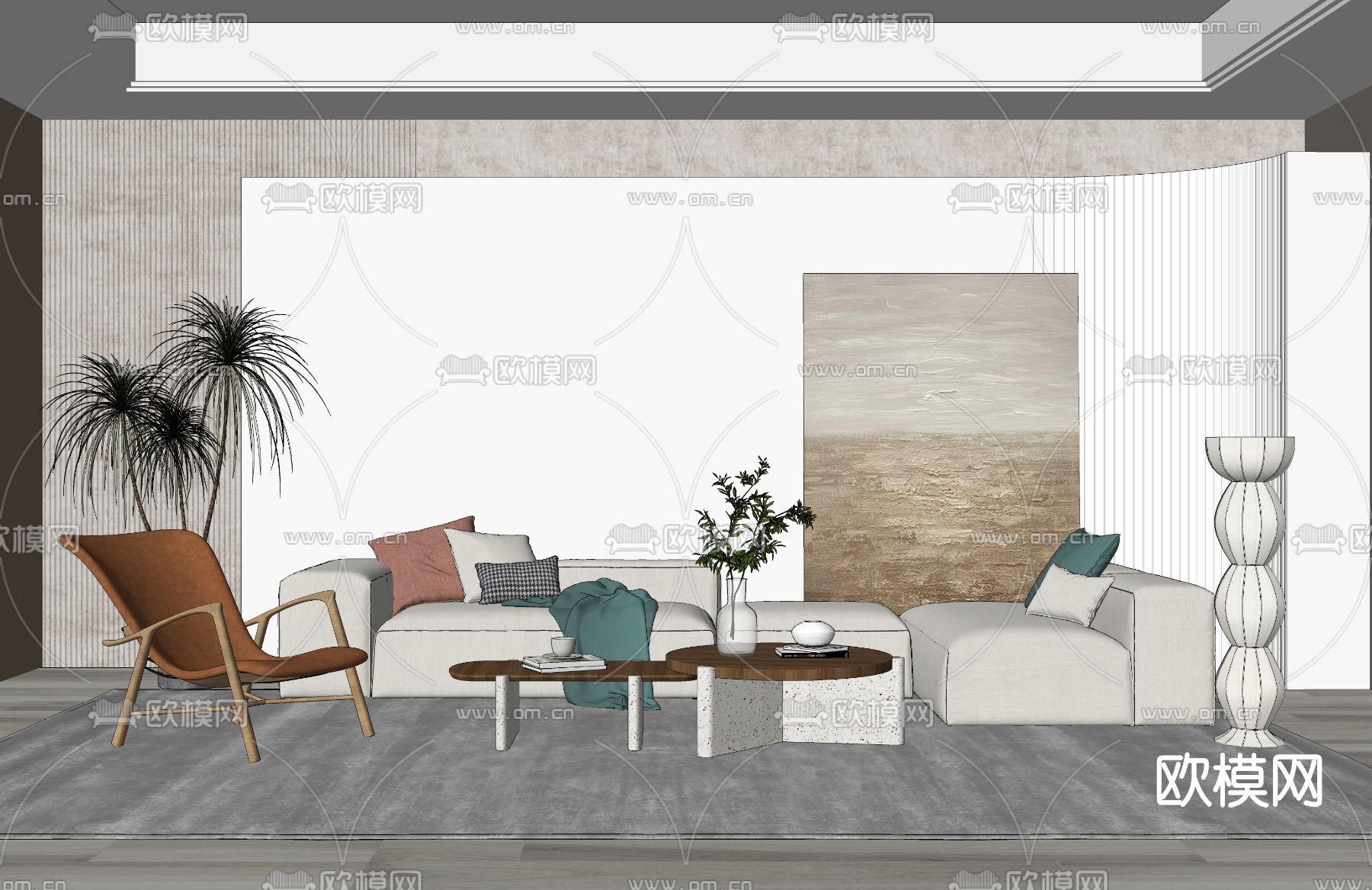 侘寂风布艺沙发组合su模型下载（渲染图2）