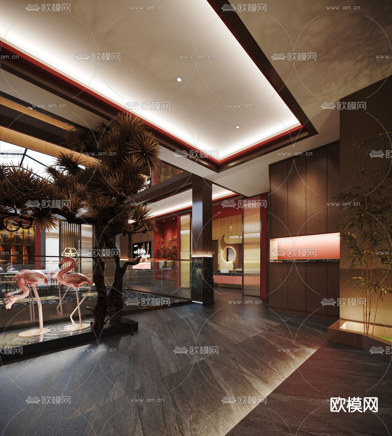 新中式酒楼餐厅中庭3d模型下载（渲染图3）
