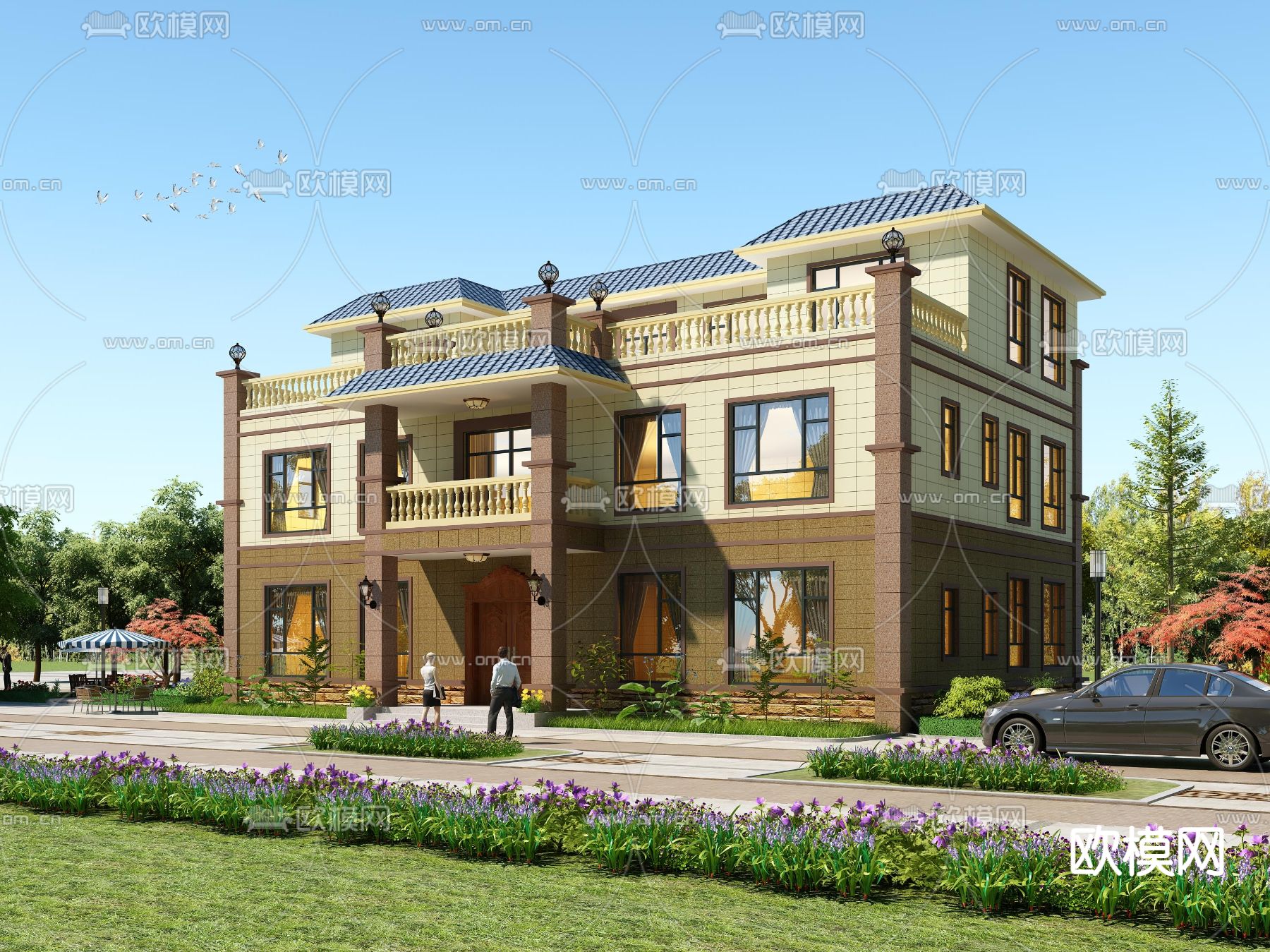 简欧独栋别墅外观3d模型下载