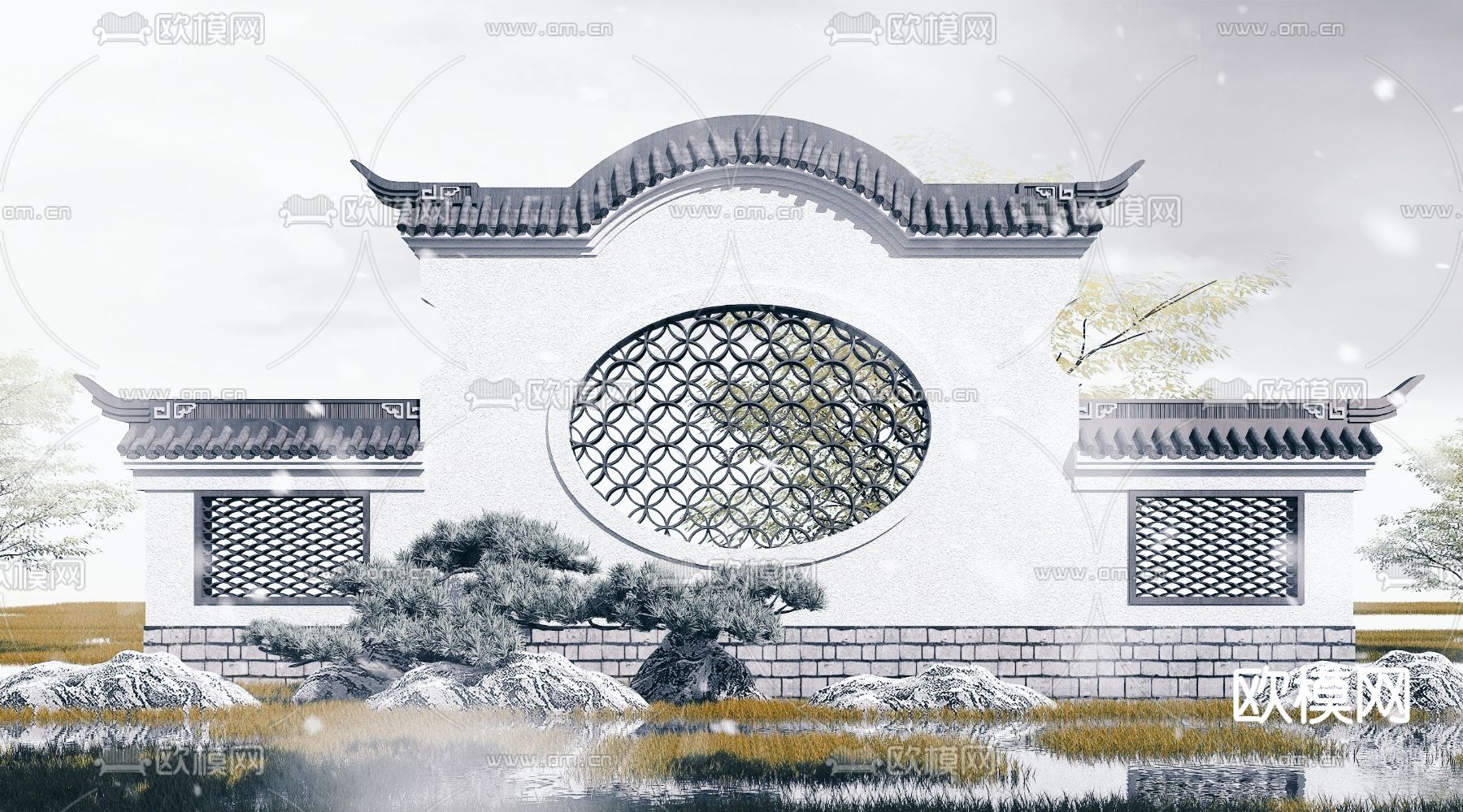 中式园林景观墙3d模型